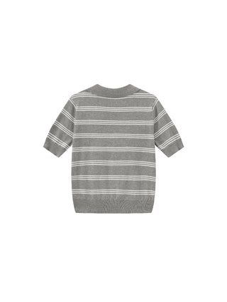 CUBIC-Striped Cropped Polo Collar Cotton T-Shirt