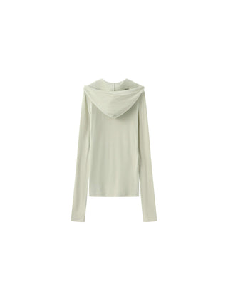 Slim-Fit Hooded V-Neck Long Sleeve Top