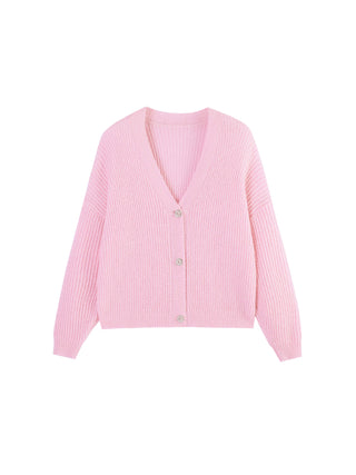 Casual V-Neck Ribbed Knit Cardigan with Wool Blend