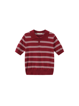 CUBIC-Striped Cropped Polo Collar Cotton T-Shirt