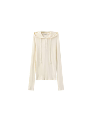 Slim-Fit Hooded V-Neck Long Sleeve Top