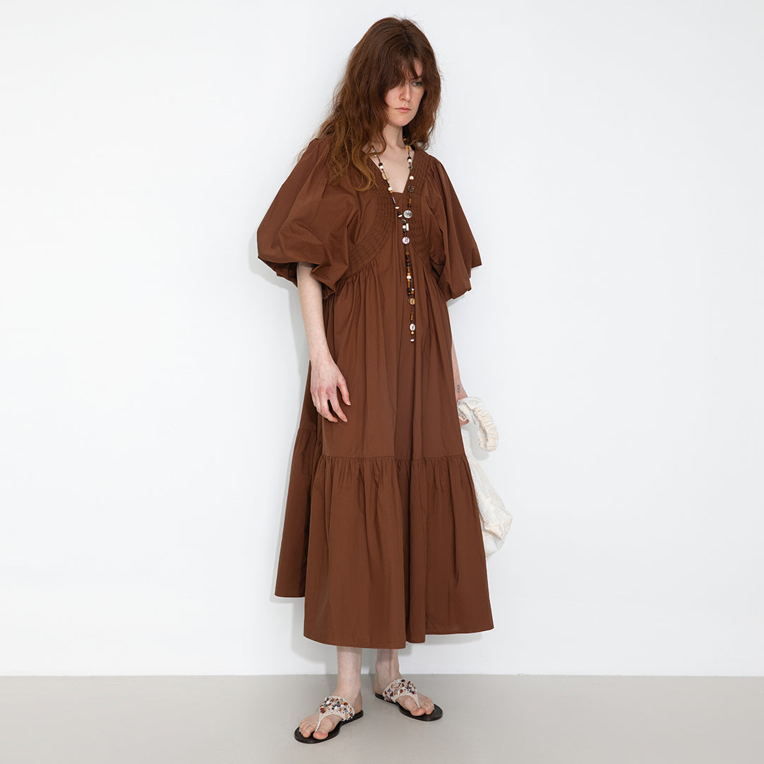 100% Cotton Puff Sleeve Loose-Fit Vacation Dress-14
