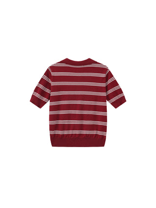 CUBIC-Striped Cropped Polo Collar Cotton T-Shirt