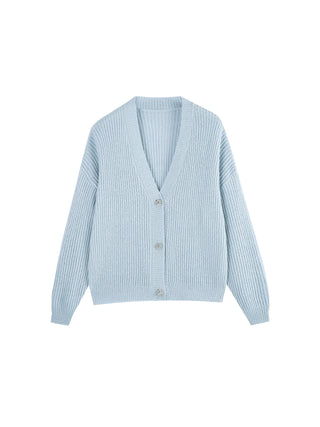 Casual V-Neck Ribbed Knit Cardigan with Wool Blend