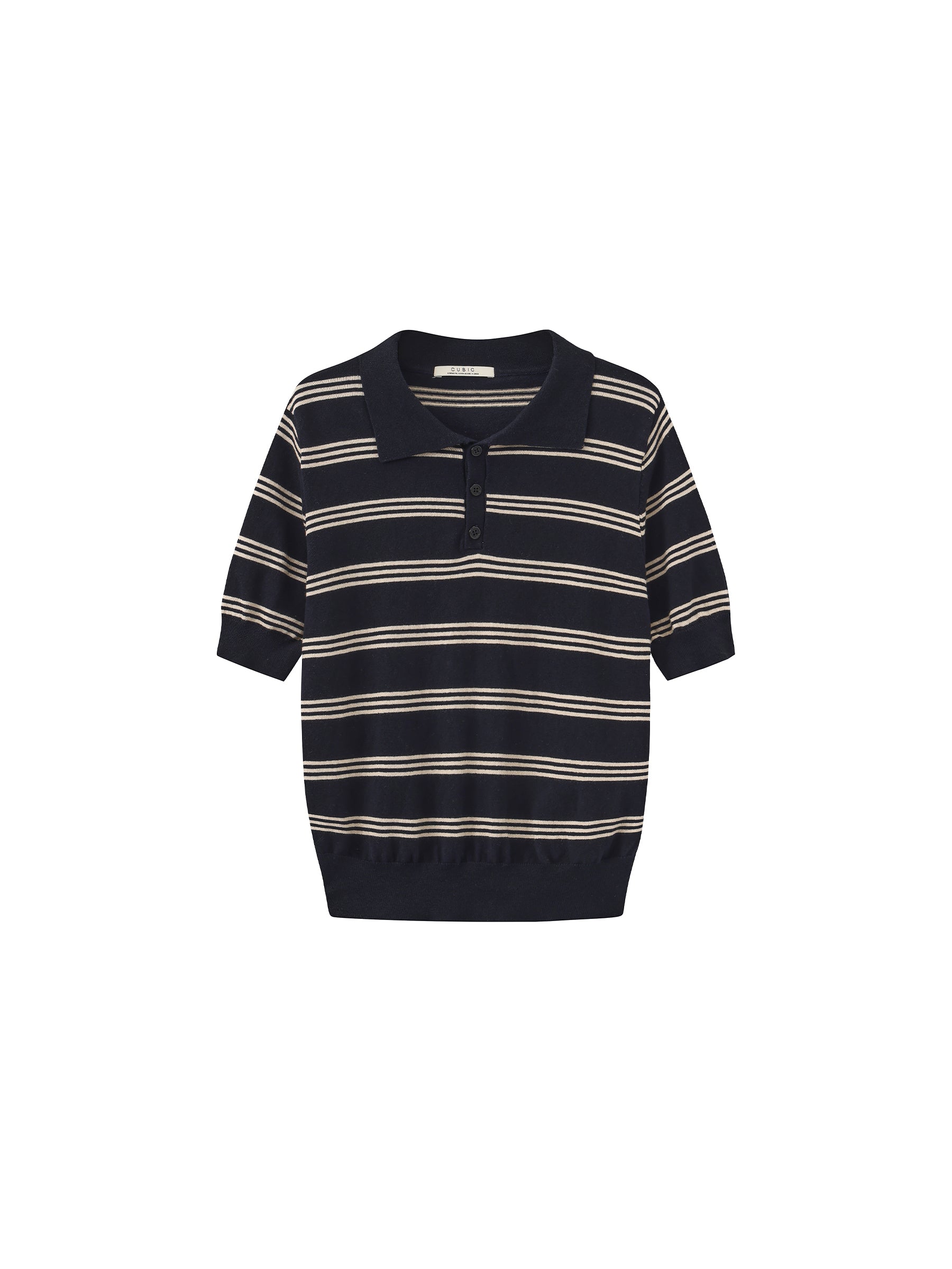 CUBIC-Striped Cropped Polo Collar Cotton T-Shirt-23