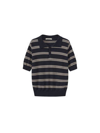 CUBIC-Striped Cropped Polo Collar Cotton T-Shirt
