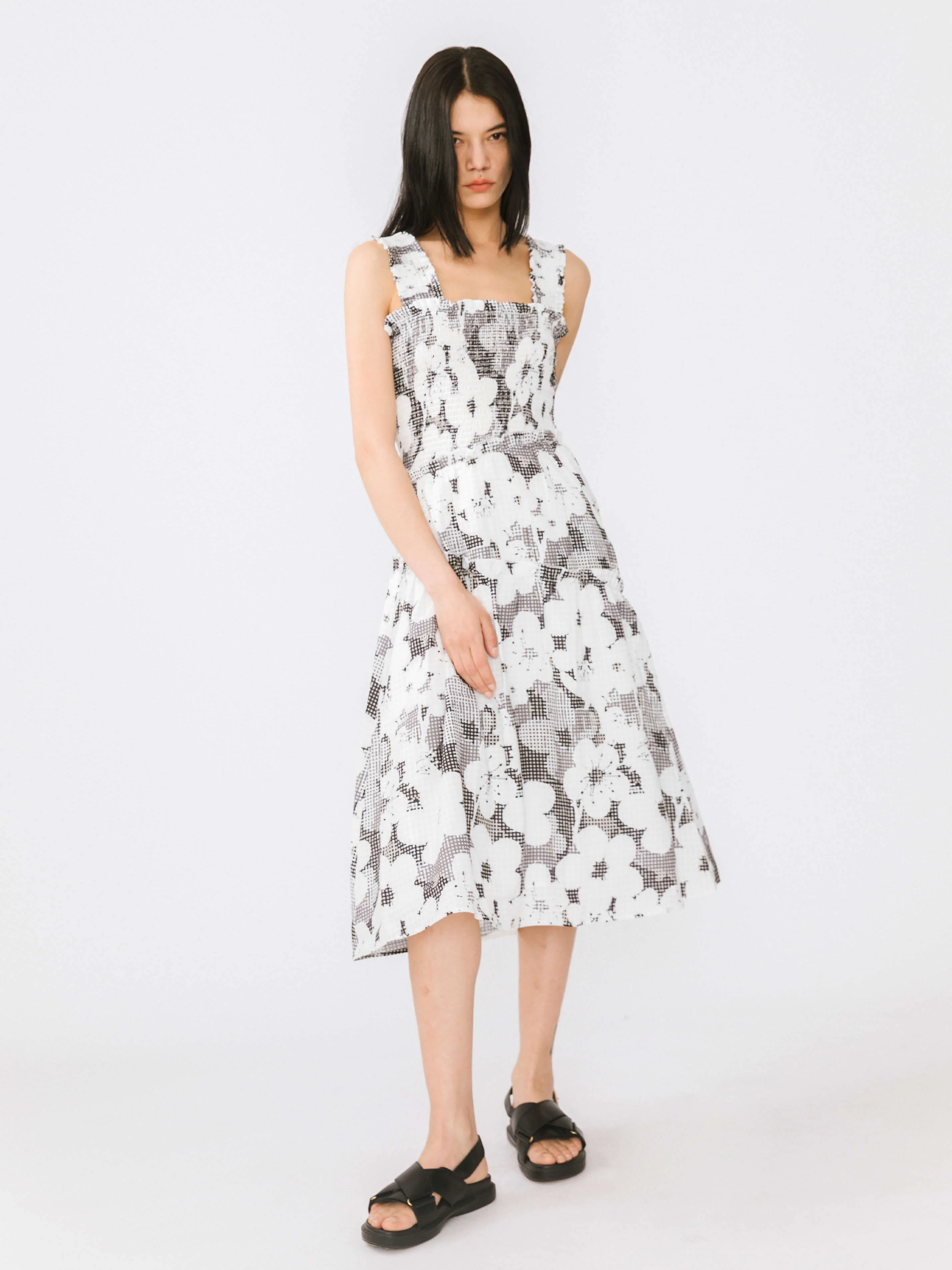 Plaid and Floral A-line Midi Dress