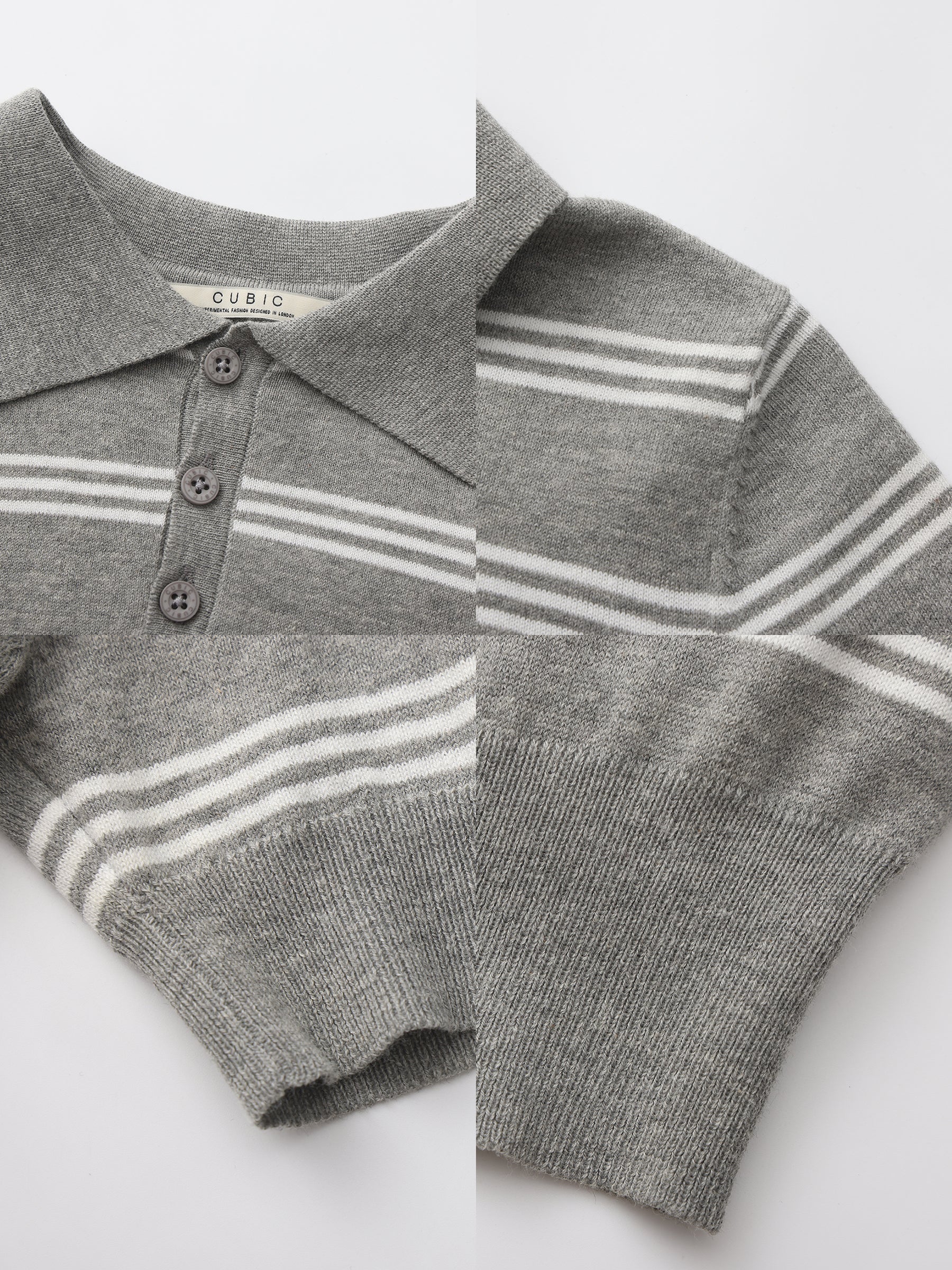 CUBIC-Striped Cropped Polo Collar Cotton T-Shirt-25