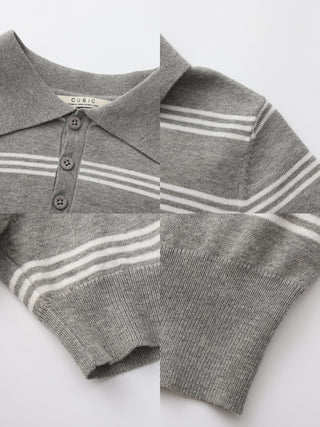CUBIC-Striped Cropped Polo Collar Cotton T-Shirt