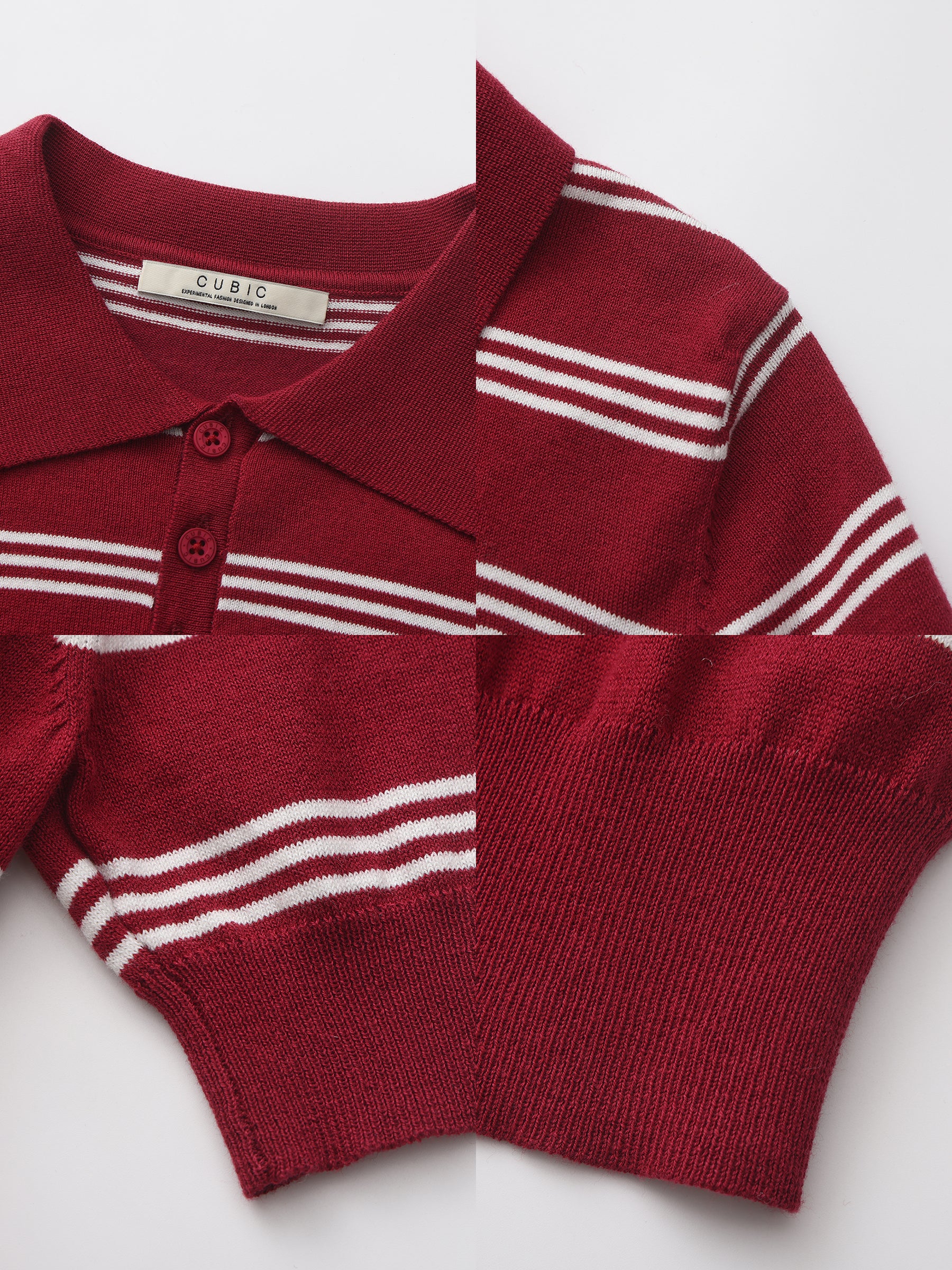 CUBIC-Striped Cropped Polo Collar Cotton T-Shirt-26
