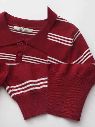 CUBIC-Striped Cropped Polo Collar Cotton T-Shirt