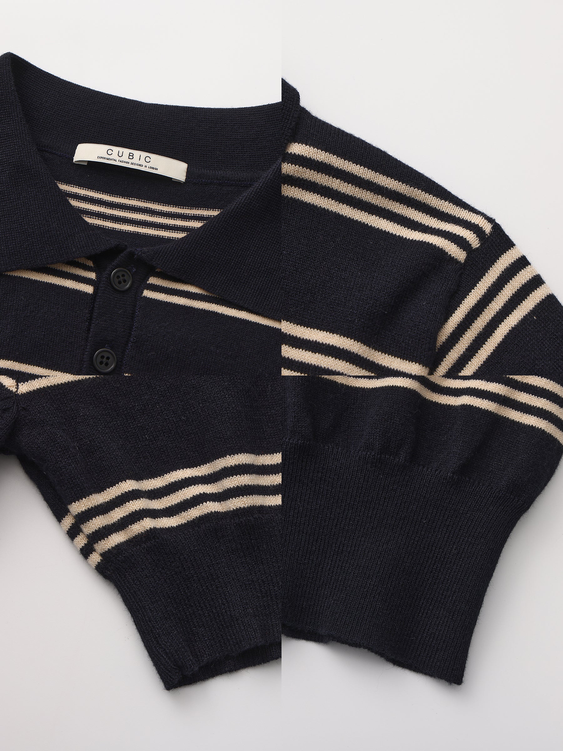 CUBIC-Striped Cropped Polo Collar Cotton T-Shirt-27