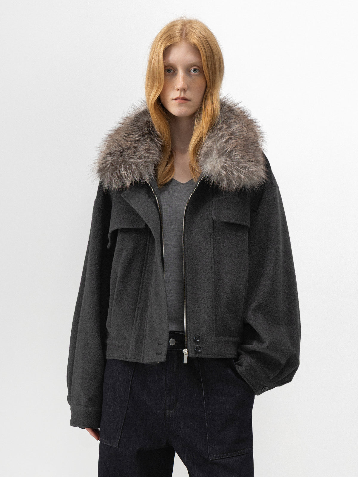 CUBIC Detachable Faux-Fur Collar Cocoon Jacket-2