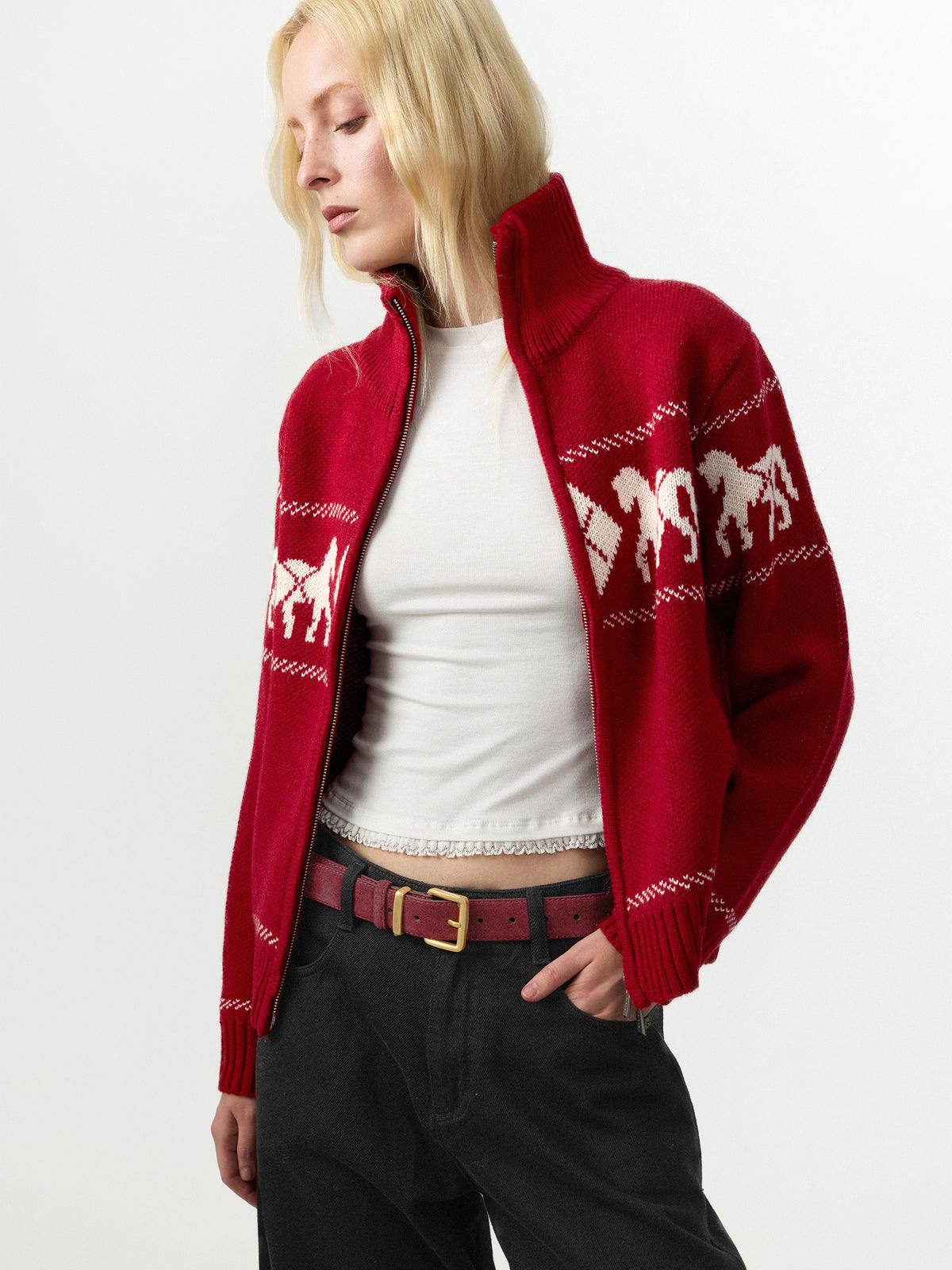 Horse Pattern Diamond Zip-Up Knit Cardigan-2