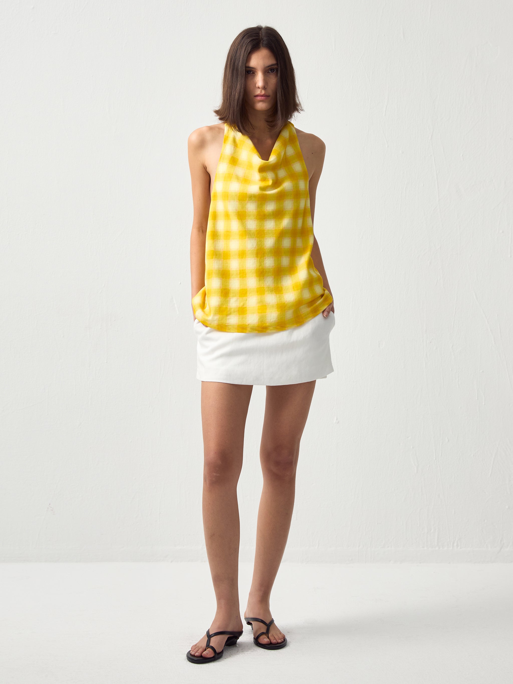 CUBIC Linen Blend Halter Check Top-1