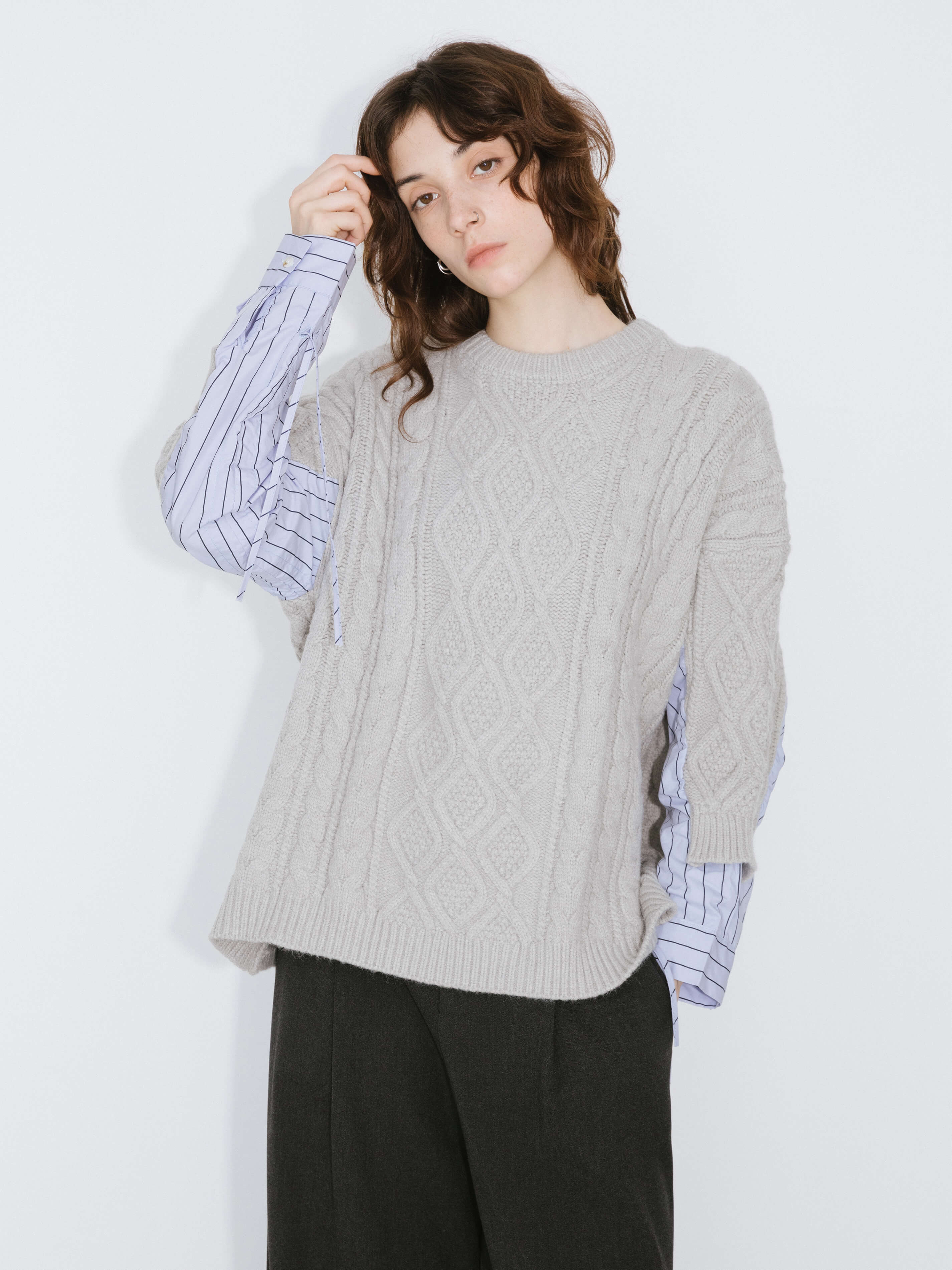 Cable Knit Jumper With Shirting Sleeves-2