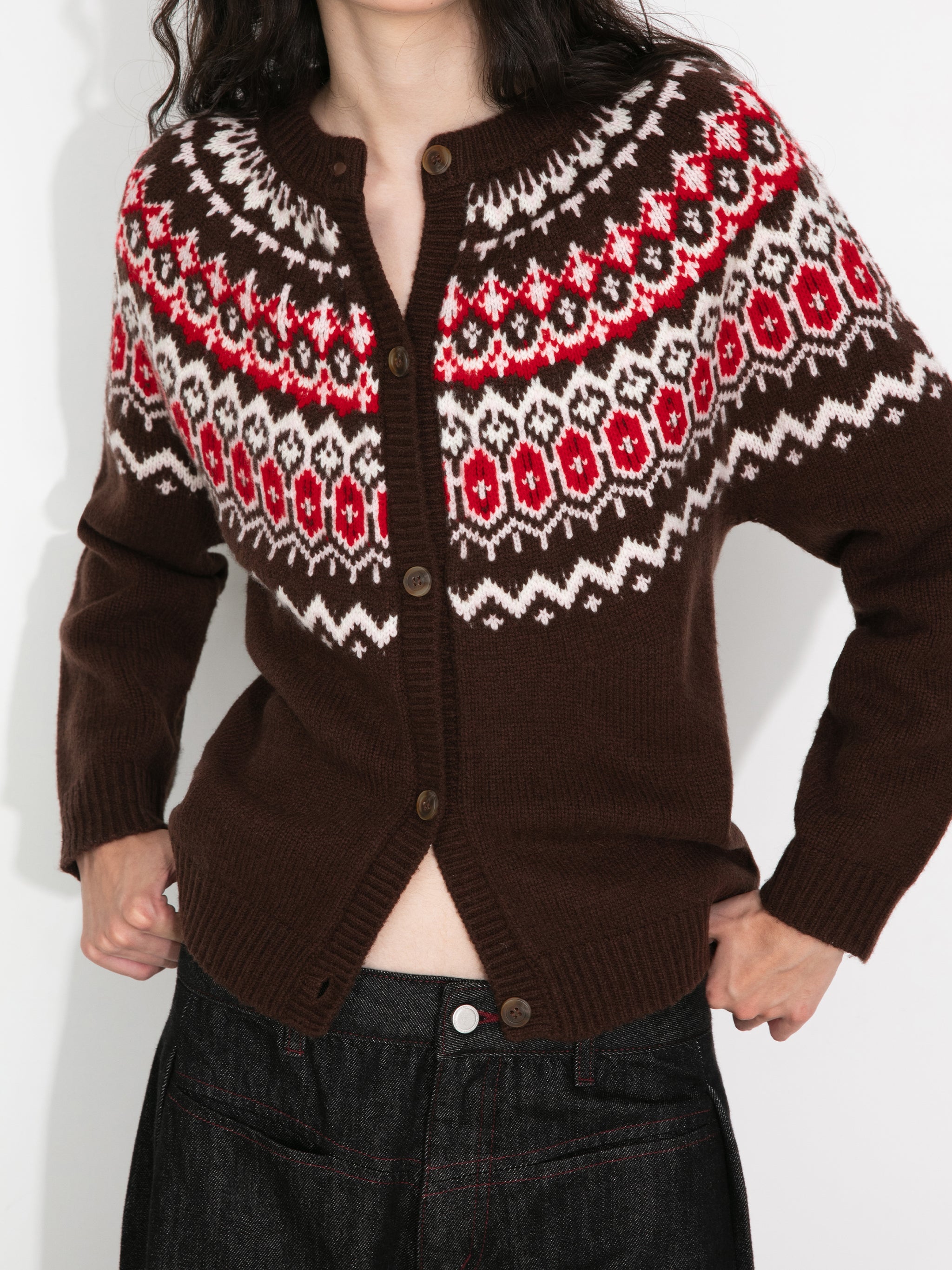 100% Wool Fair Isle Wool Knit Cardigan-3