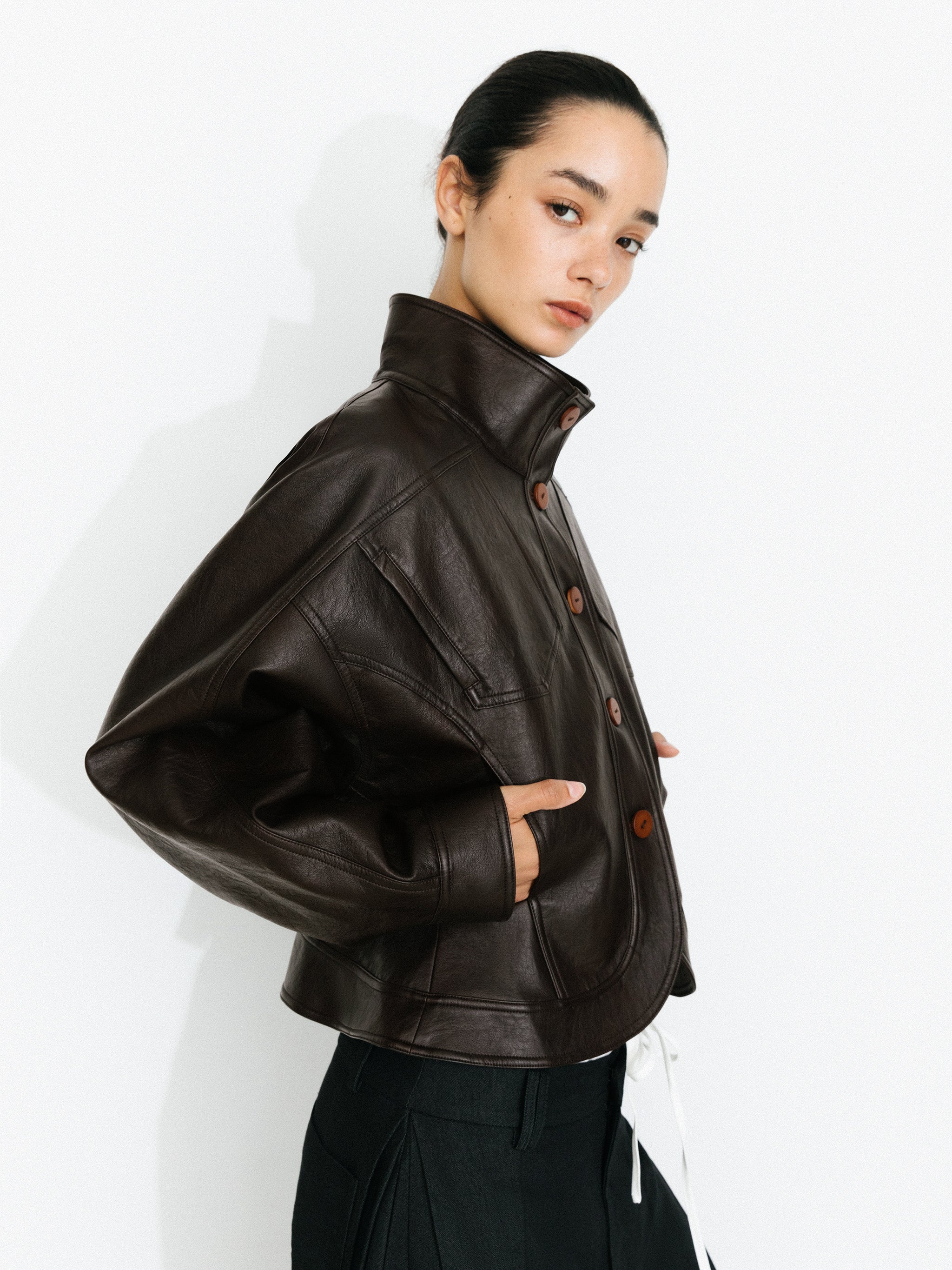 Curved Sleeve Faux Leather Jacket-2