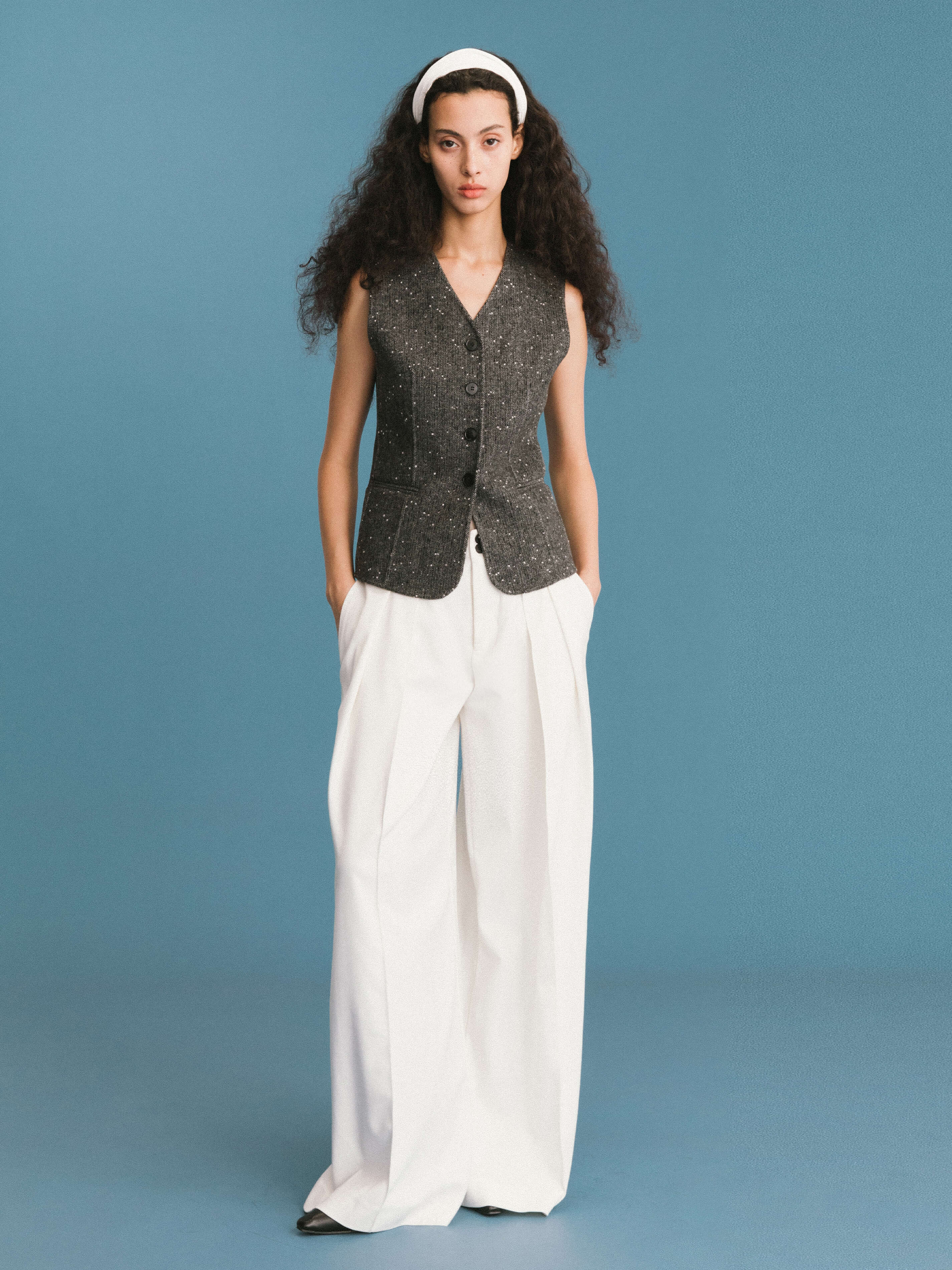 ONE BY CUBIC Pleated Wide Leg Wool Blend Trousers-2