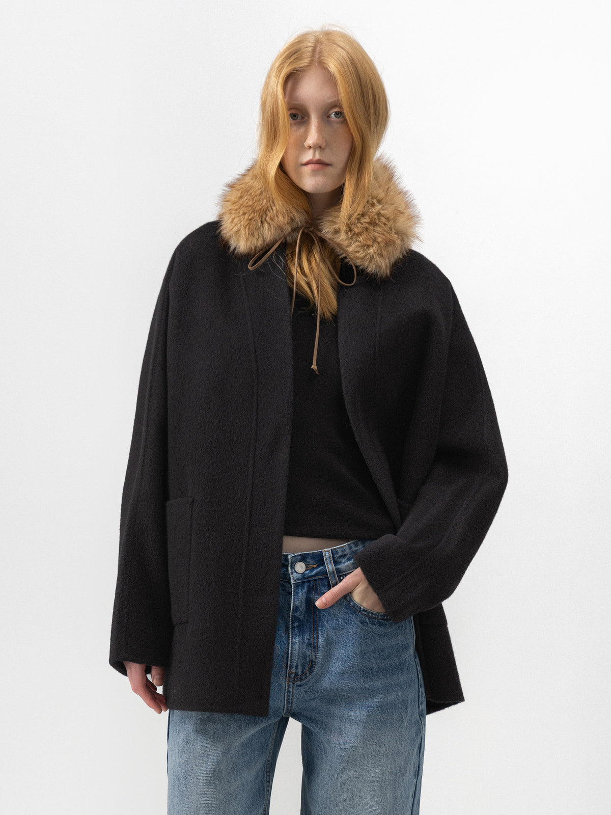 CUBIC Collarless Relaxed Wool-Blend Coat-2
