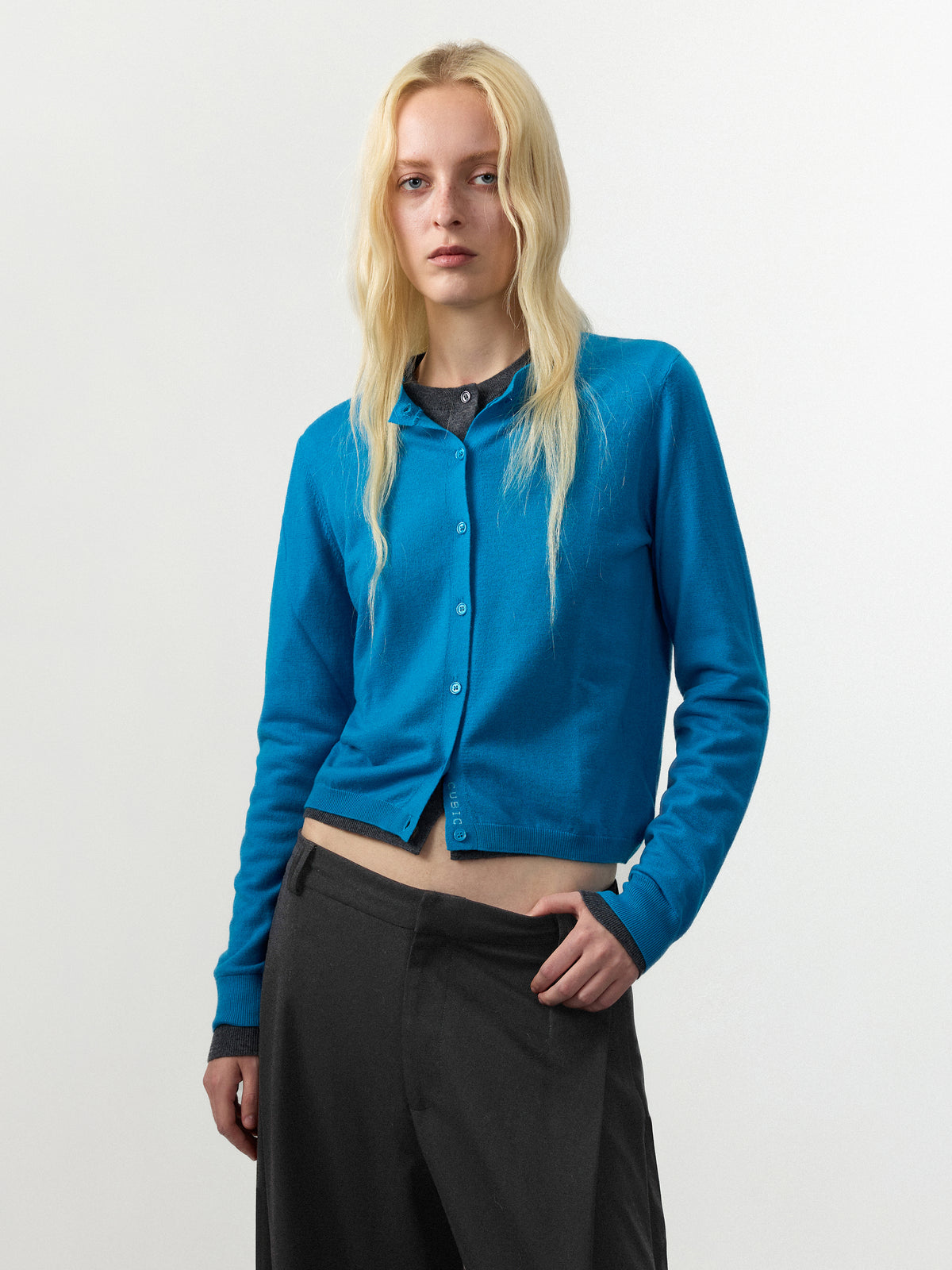 100% Wool Knit Cardigan with Crew Neck-2