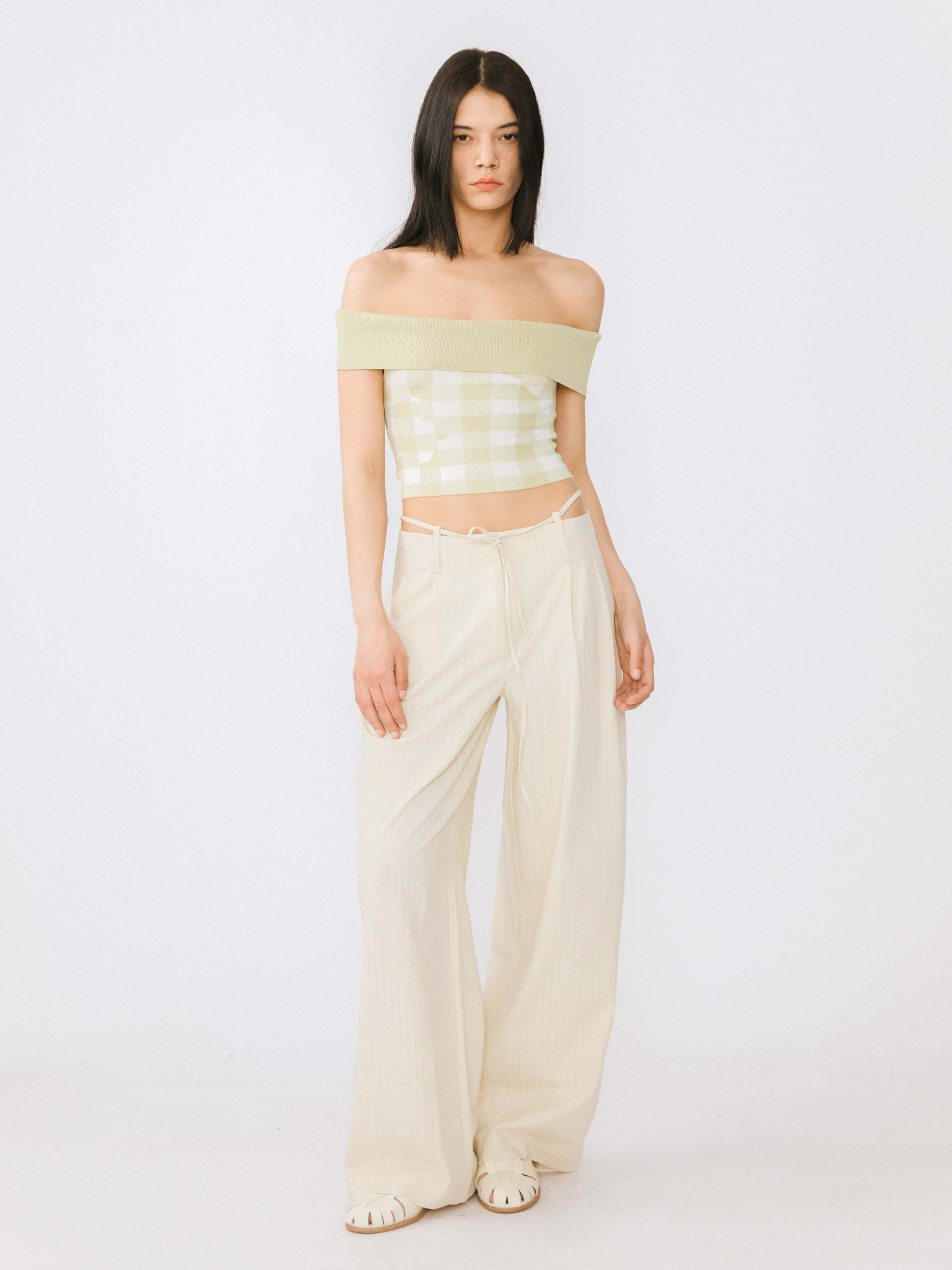Off-Shoulder Checkered Knit Cami Top-2