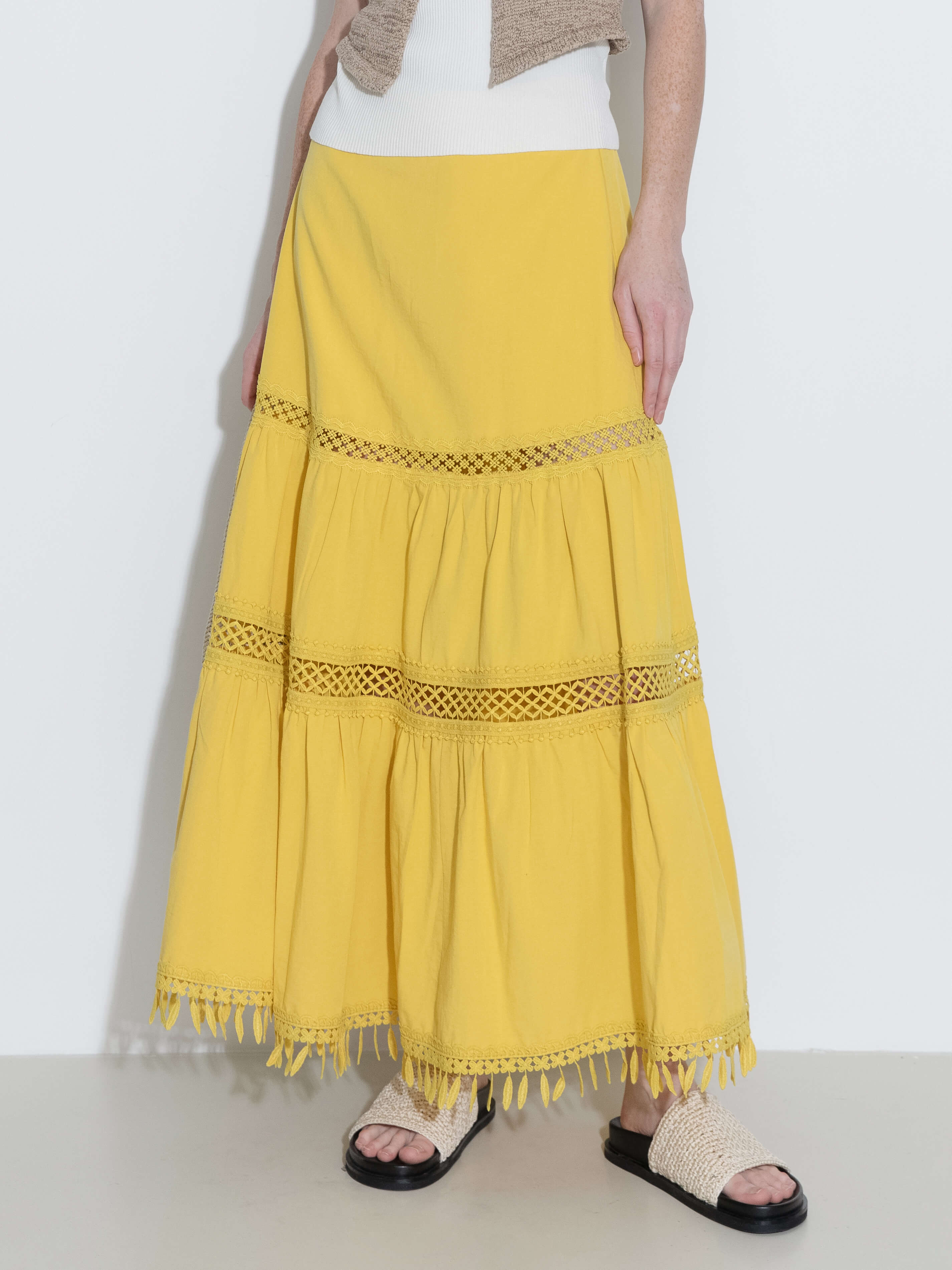 High-Waisted Hollow Out Tassel Trim Maxi Skirt-2