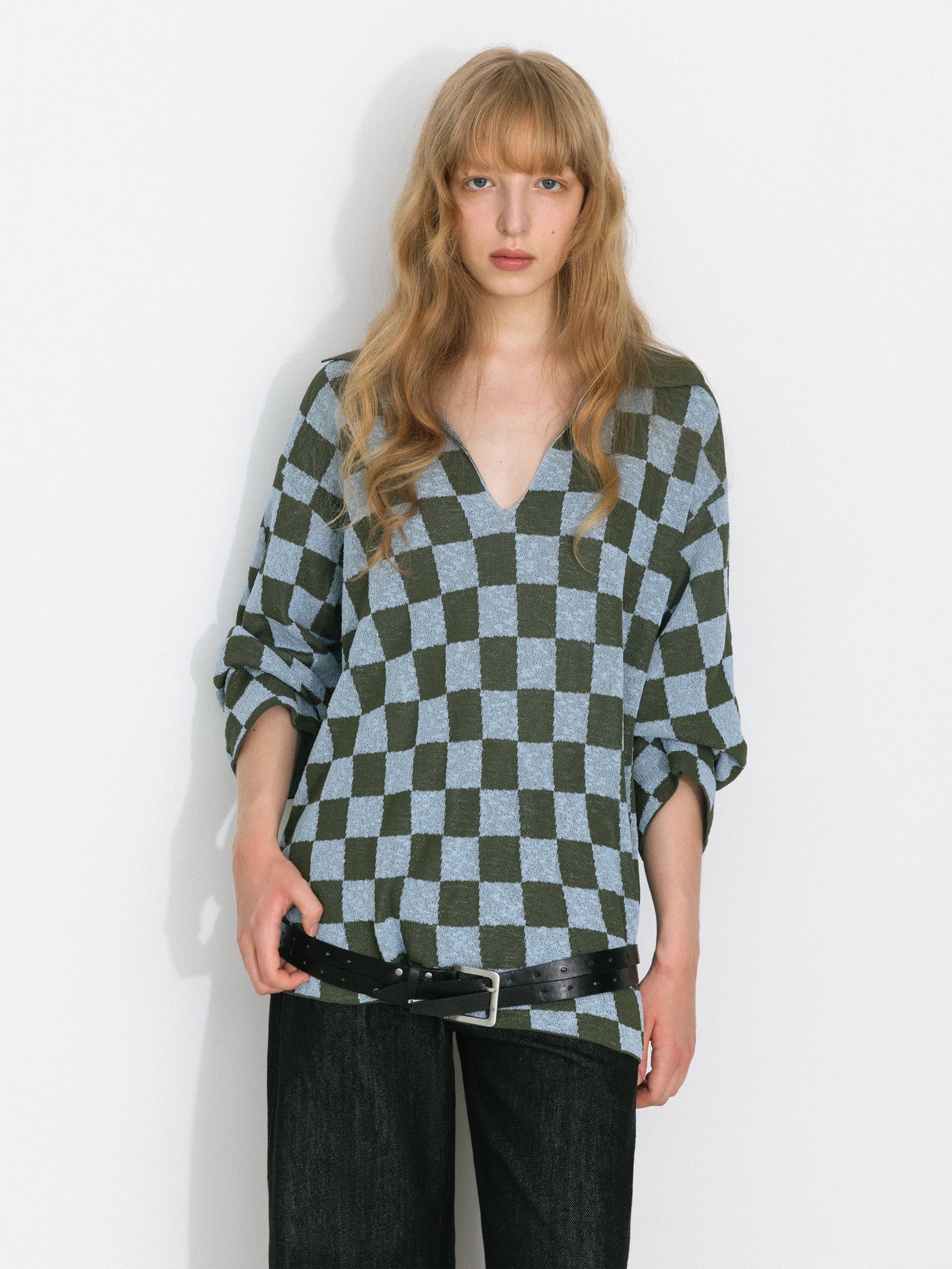 Checkerboard Contrast Knit Top-2