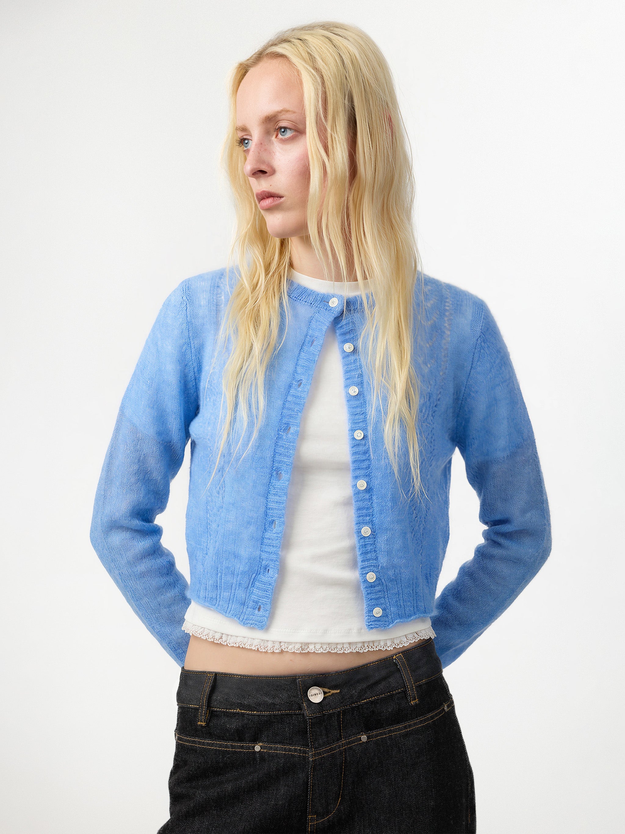 CUBIC Mohair Blend Pointelle Cardigan-2