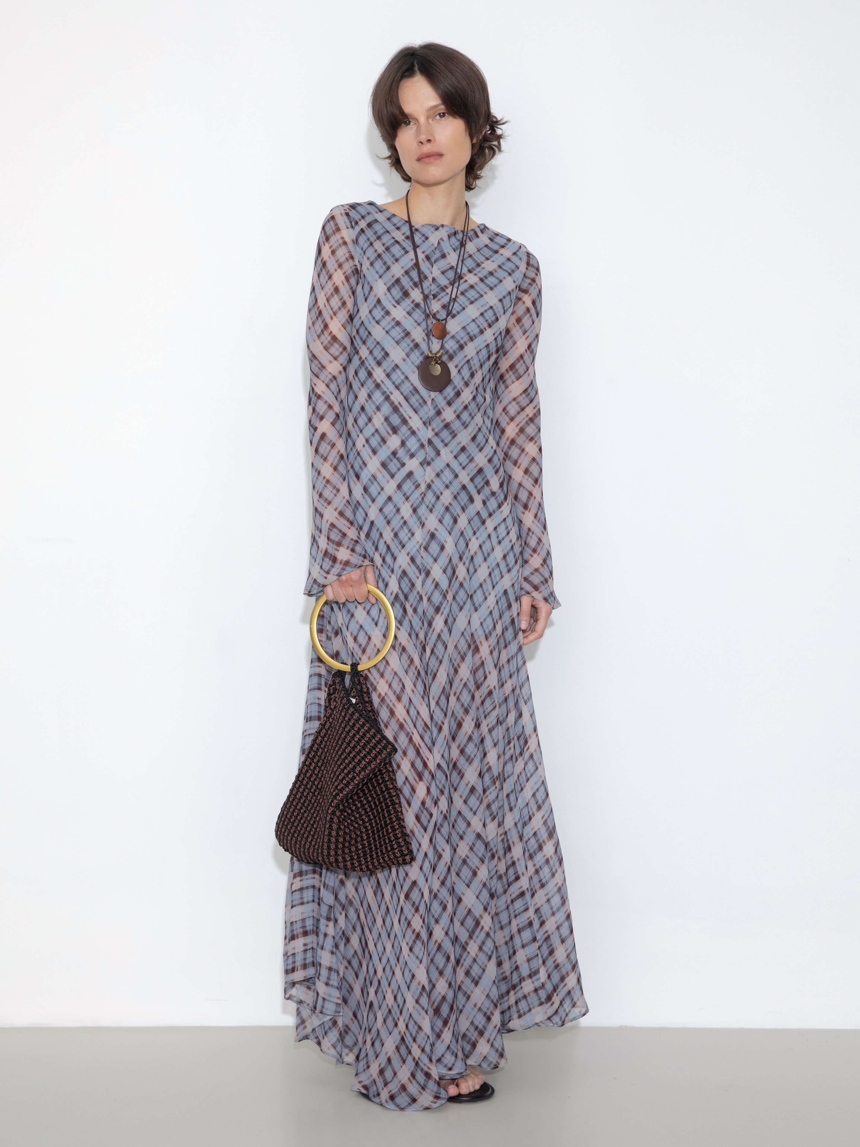 Checkered Crew Neck Long Sleeve Dress-3