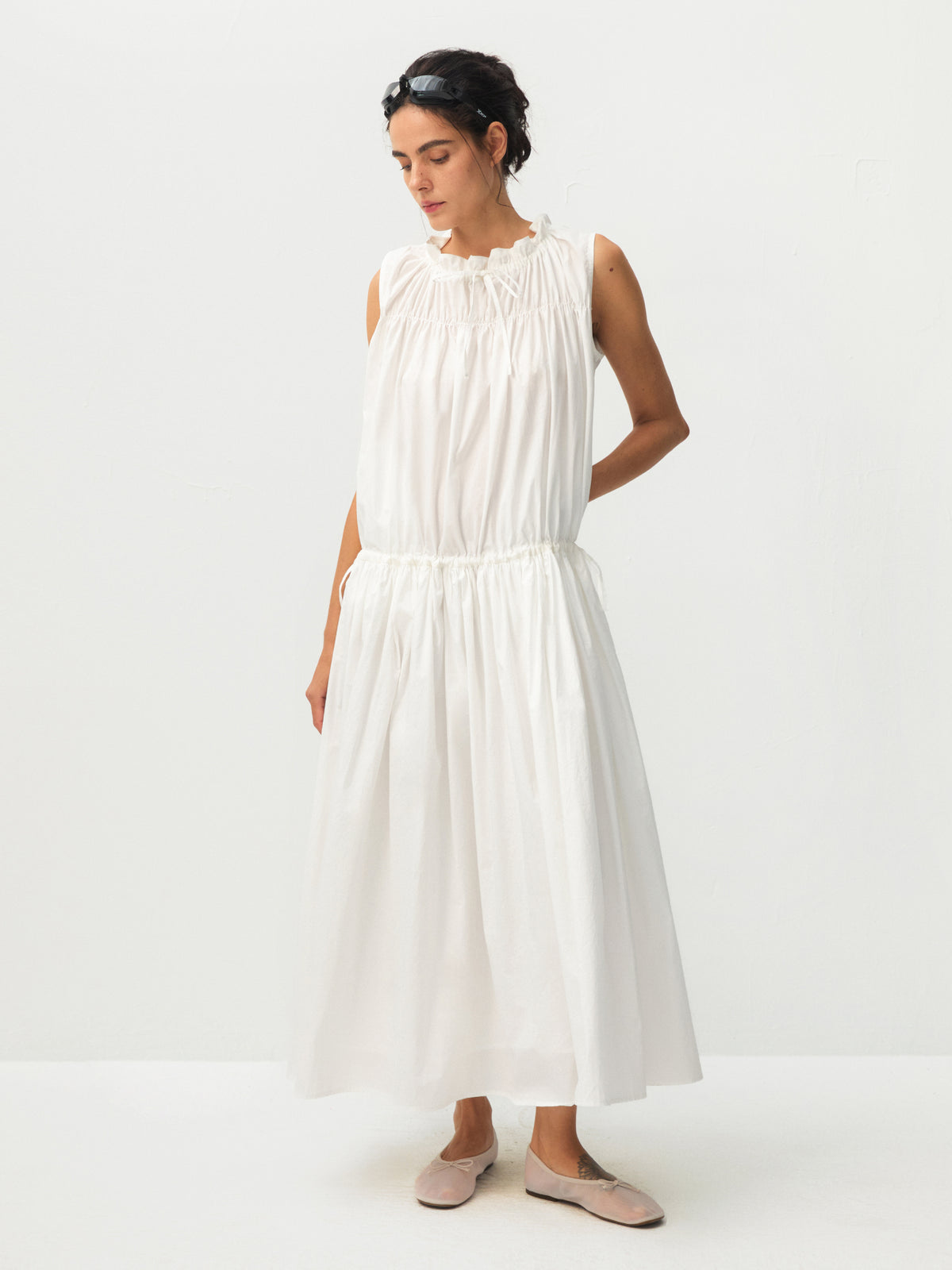 CUBIC 100% Cotton Sleeveless Gathered Maxi Dress-2