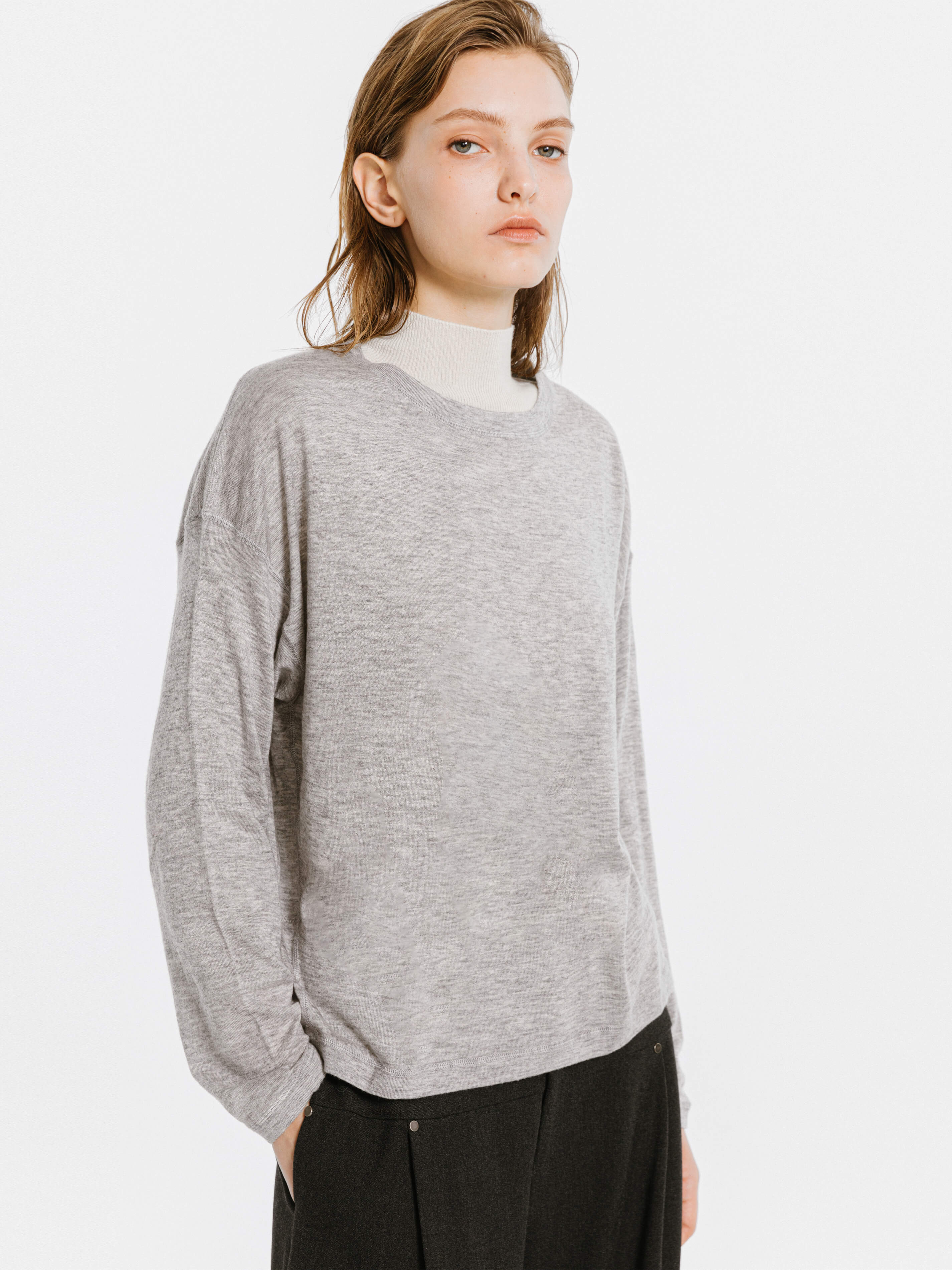 Crew Neck Long Sleeve Top with Wool Blend-2