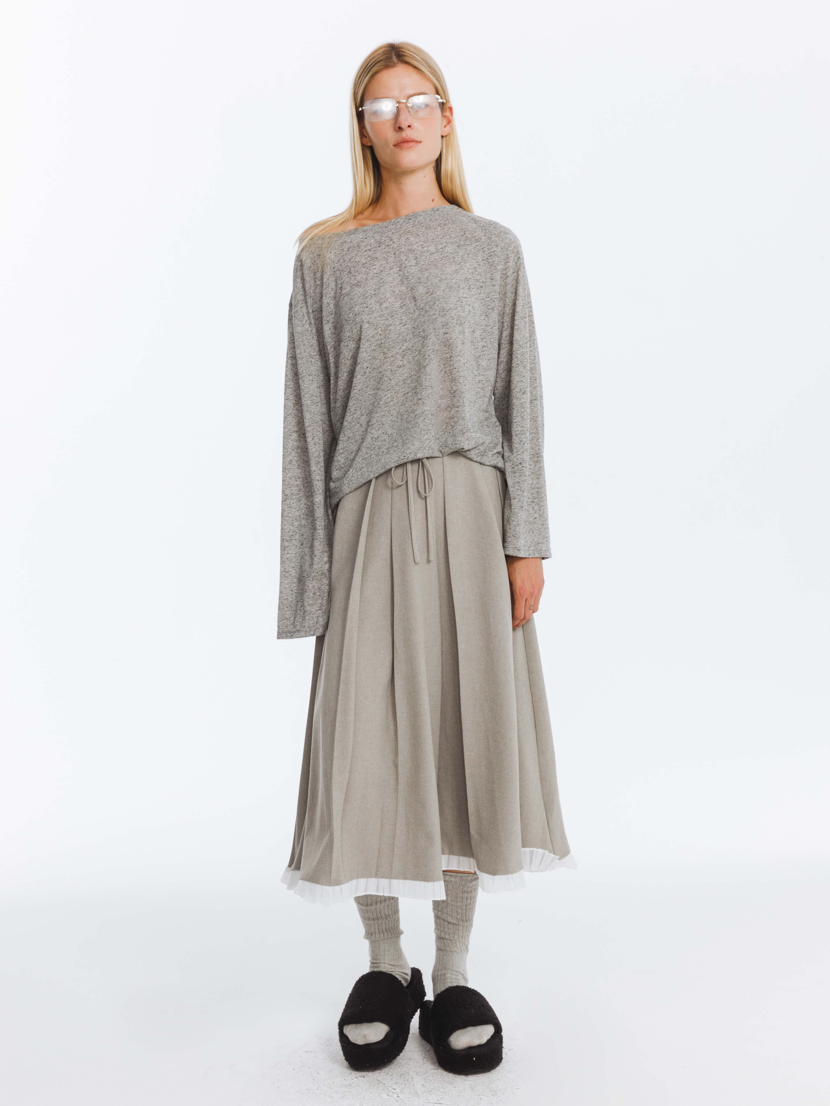 A-line Pleated Skirt with Ruffles Hem-7