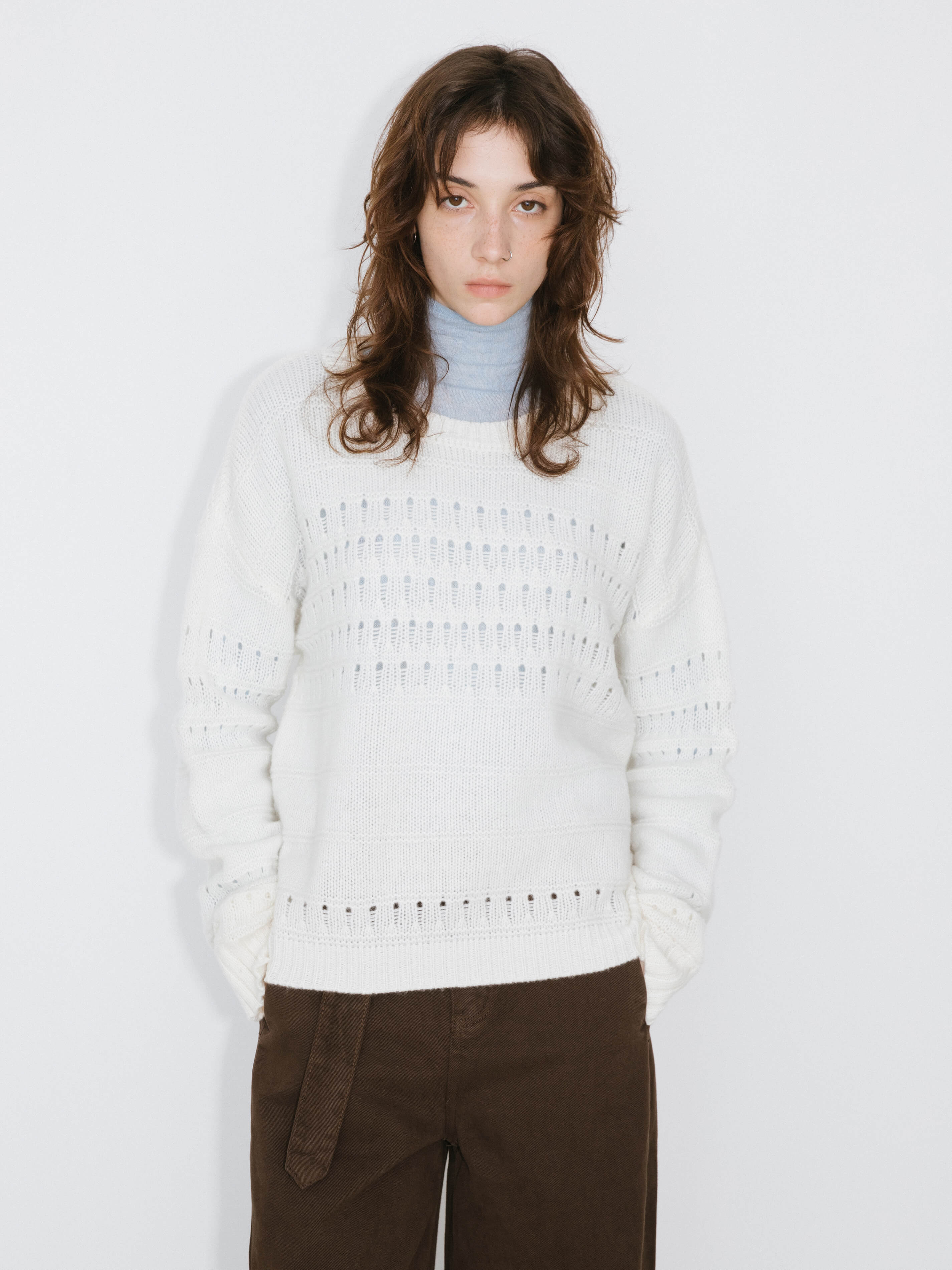 Hollowed 100% Wool Long Sleeves Knit Sweater-5