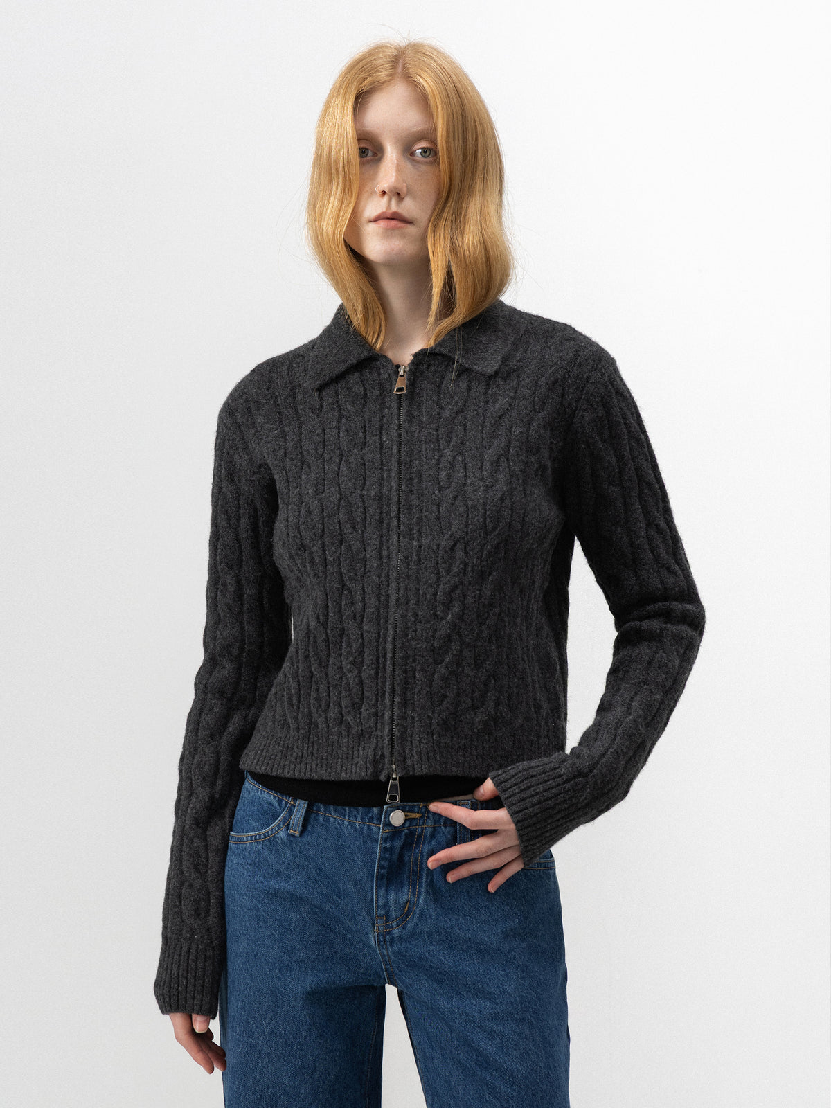 CUBIC Cable-Knit Zip-Up Cardigan-2