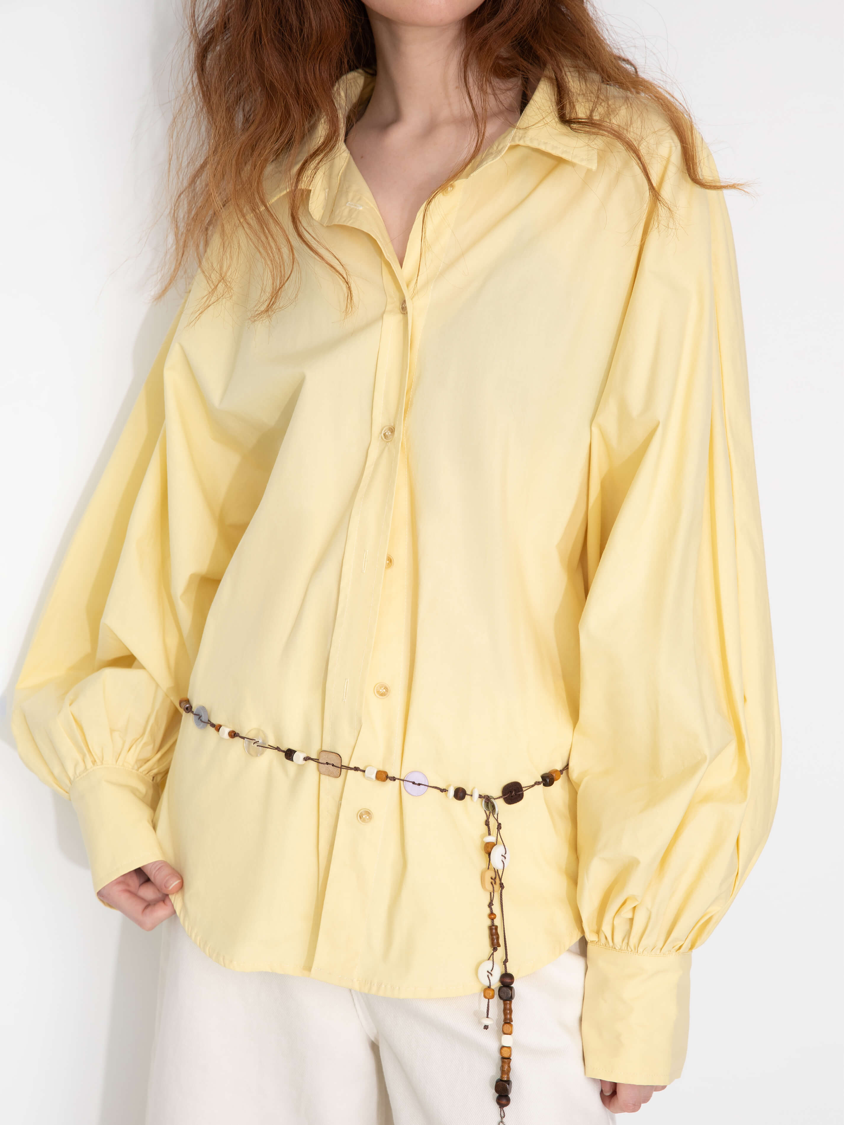 100% Cotton Oversized Balloon Sleeve Backless Tie Shirt-2