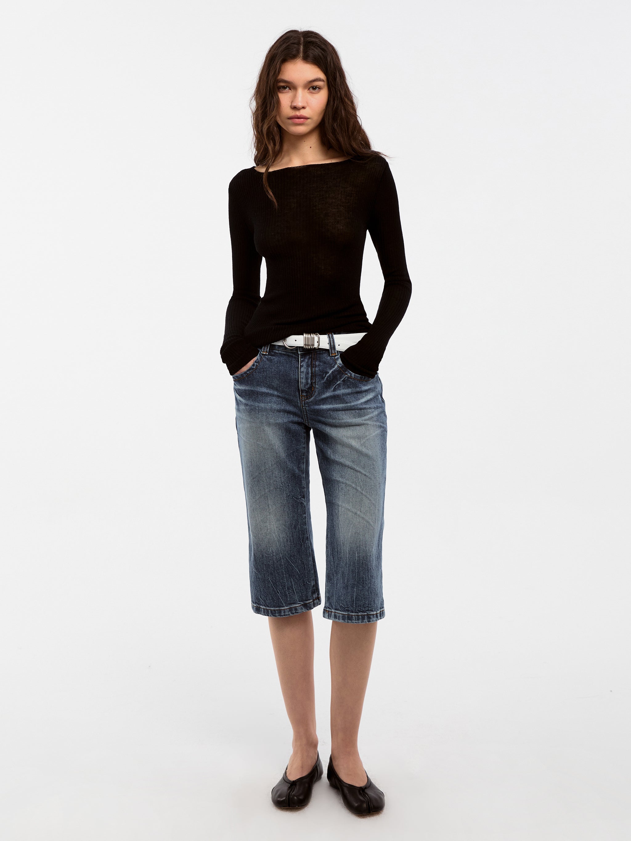 CUBIC Washed Denim Knee-Length Shorts-2