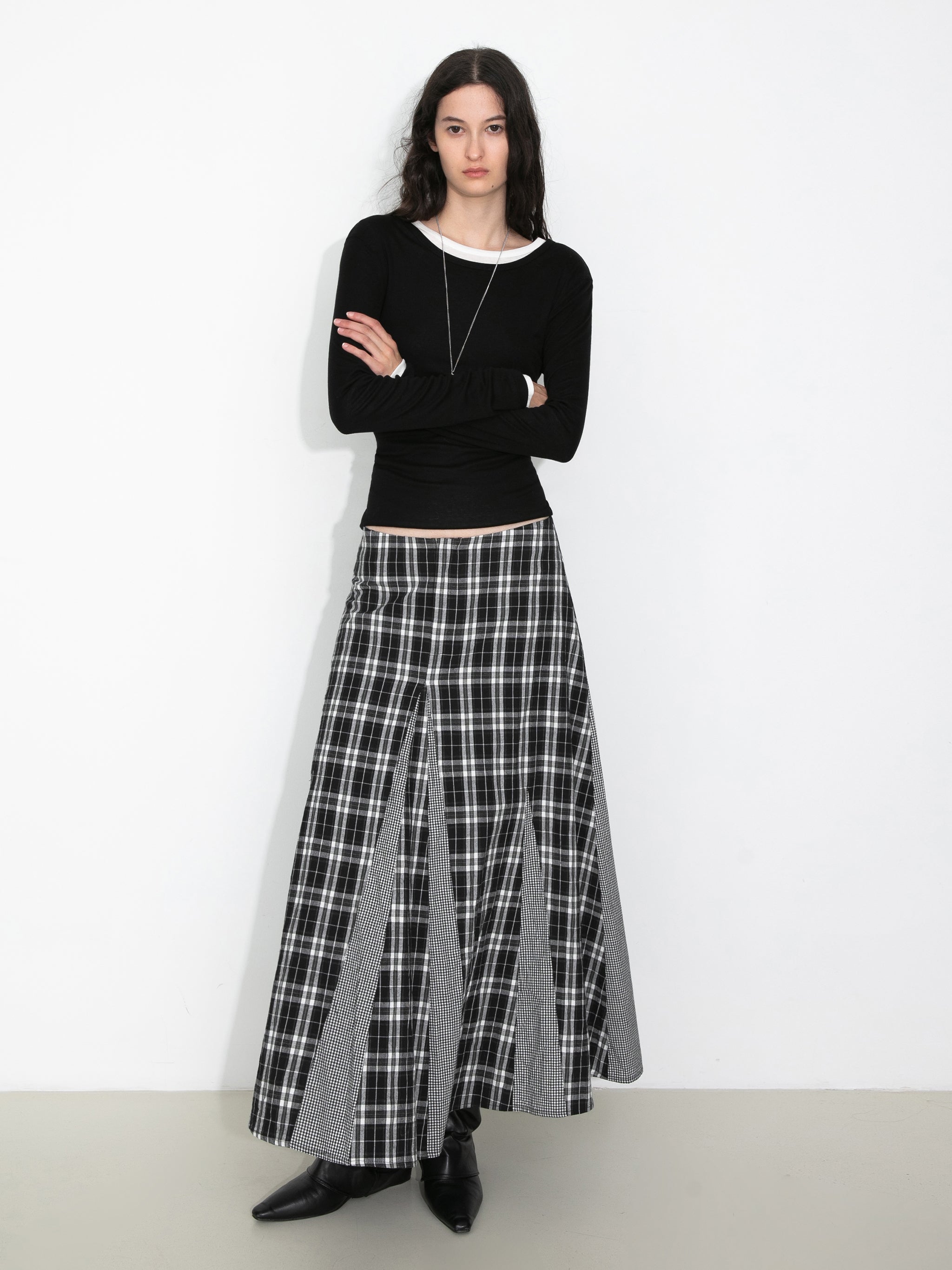 100% Cotton Patchwork Check A-Line Maxi Skirt-2