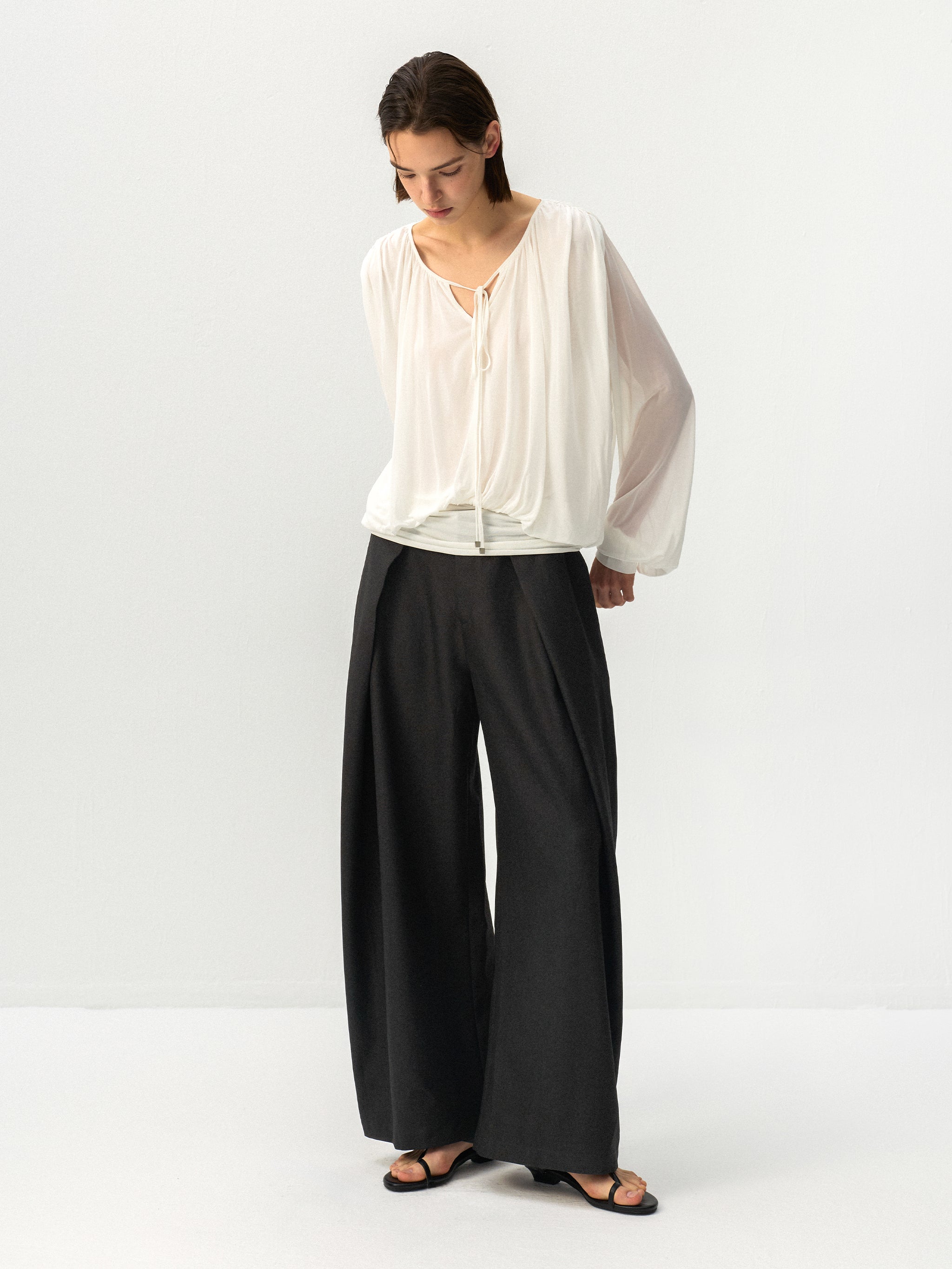 CUBIC Tie Neck Batwing Blouse-2
