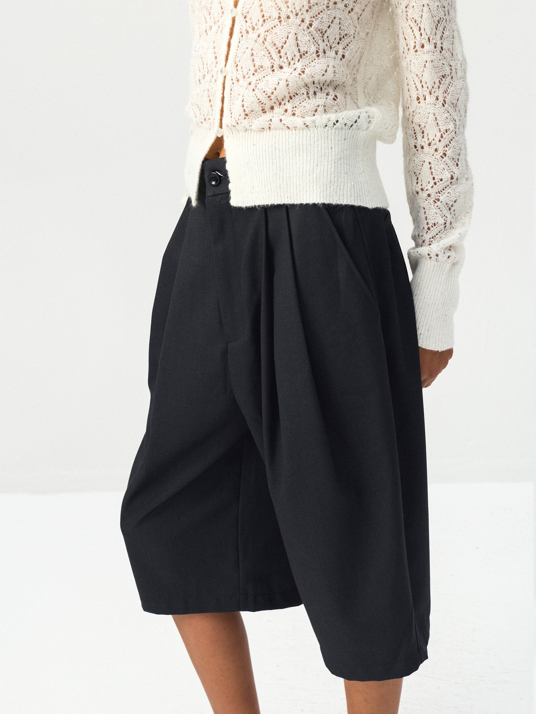 CUBIC Mid-High Waist Pleated Wide Leg Culottes-2