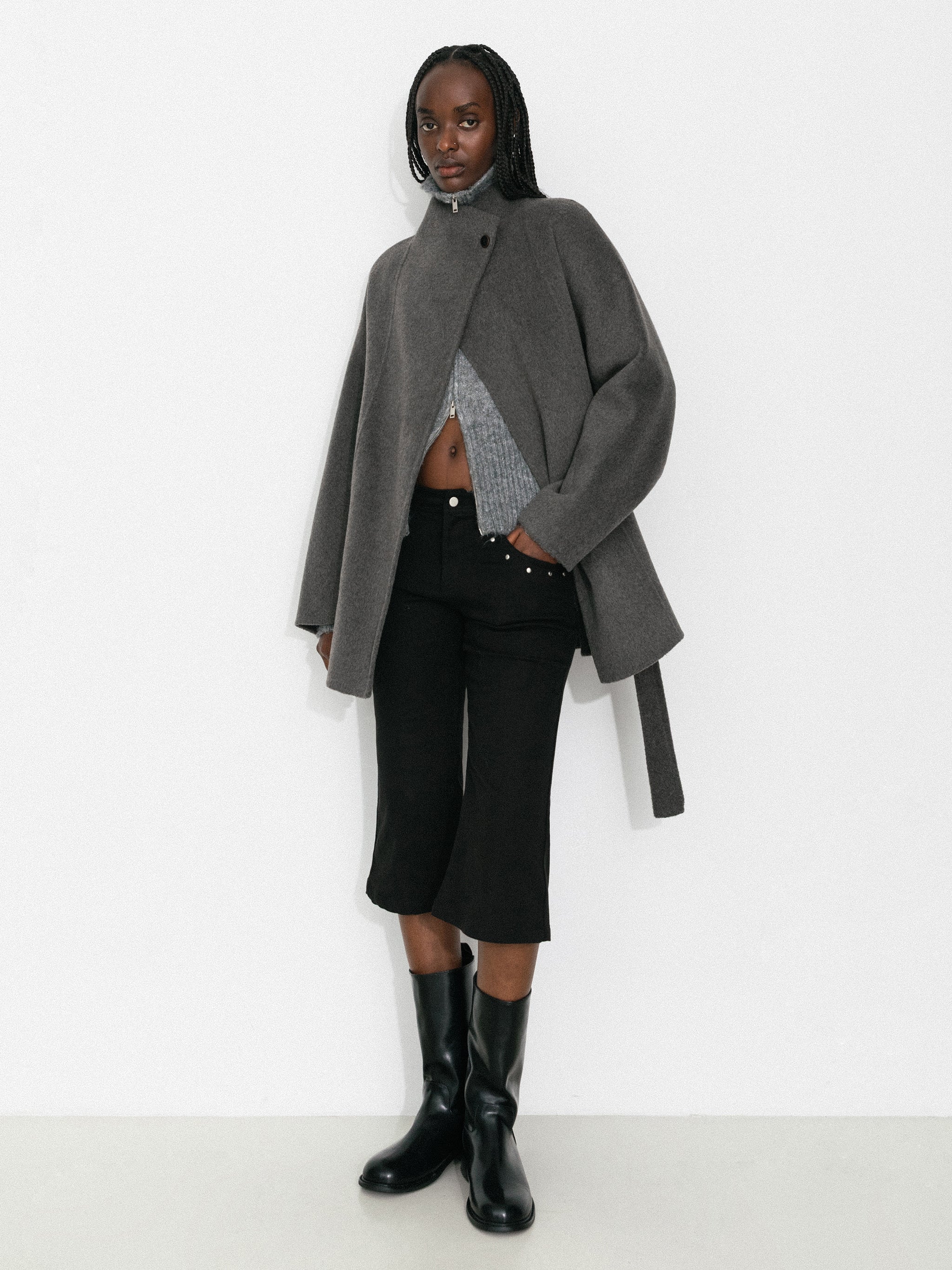 Loose-Fit Wool-Blend Stand-Collar A-Line Coat-2