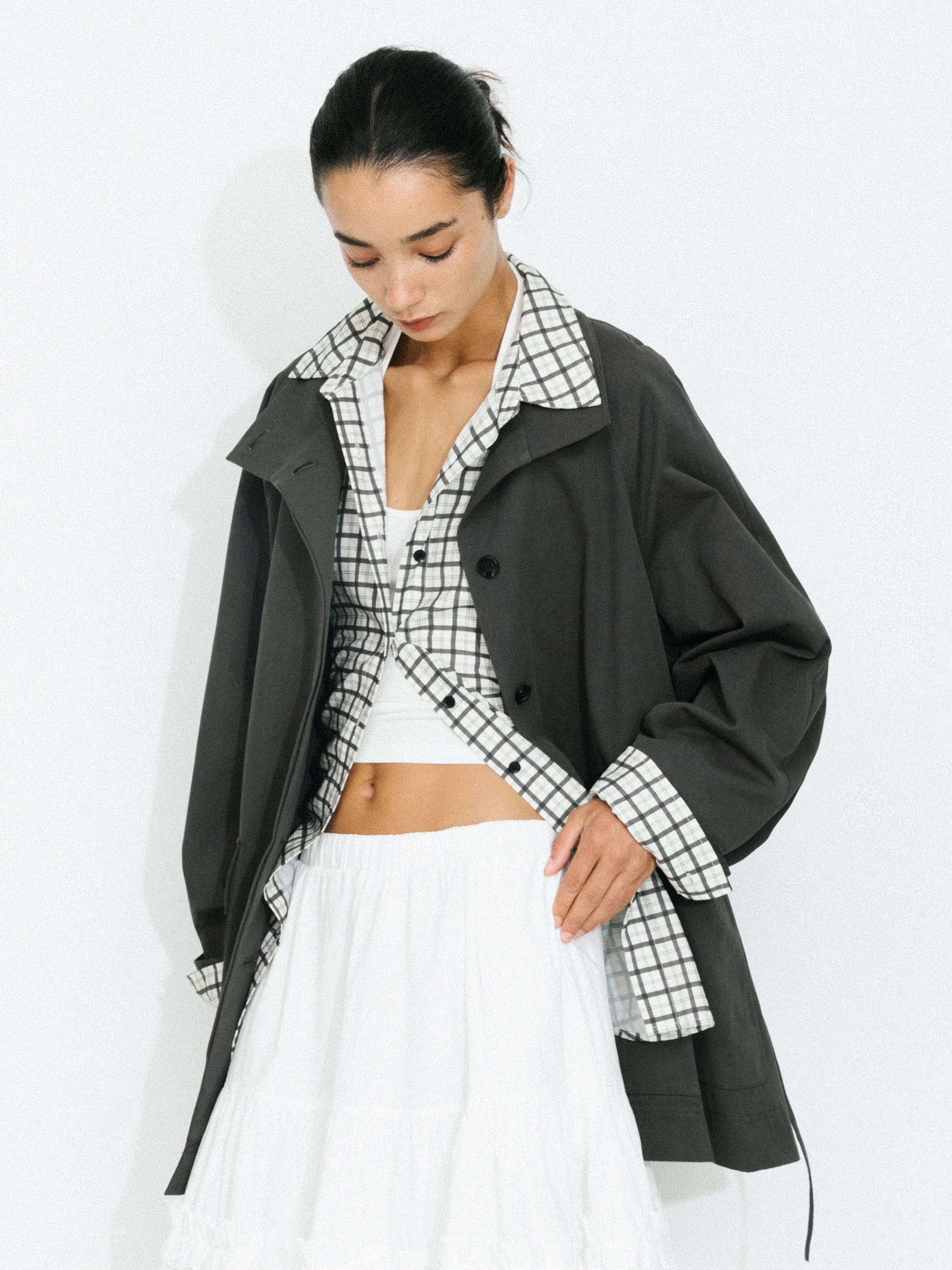100% Cotton Stand Collar Mid-Length Tie-Waist Trench Coat-2