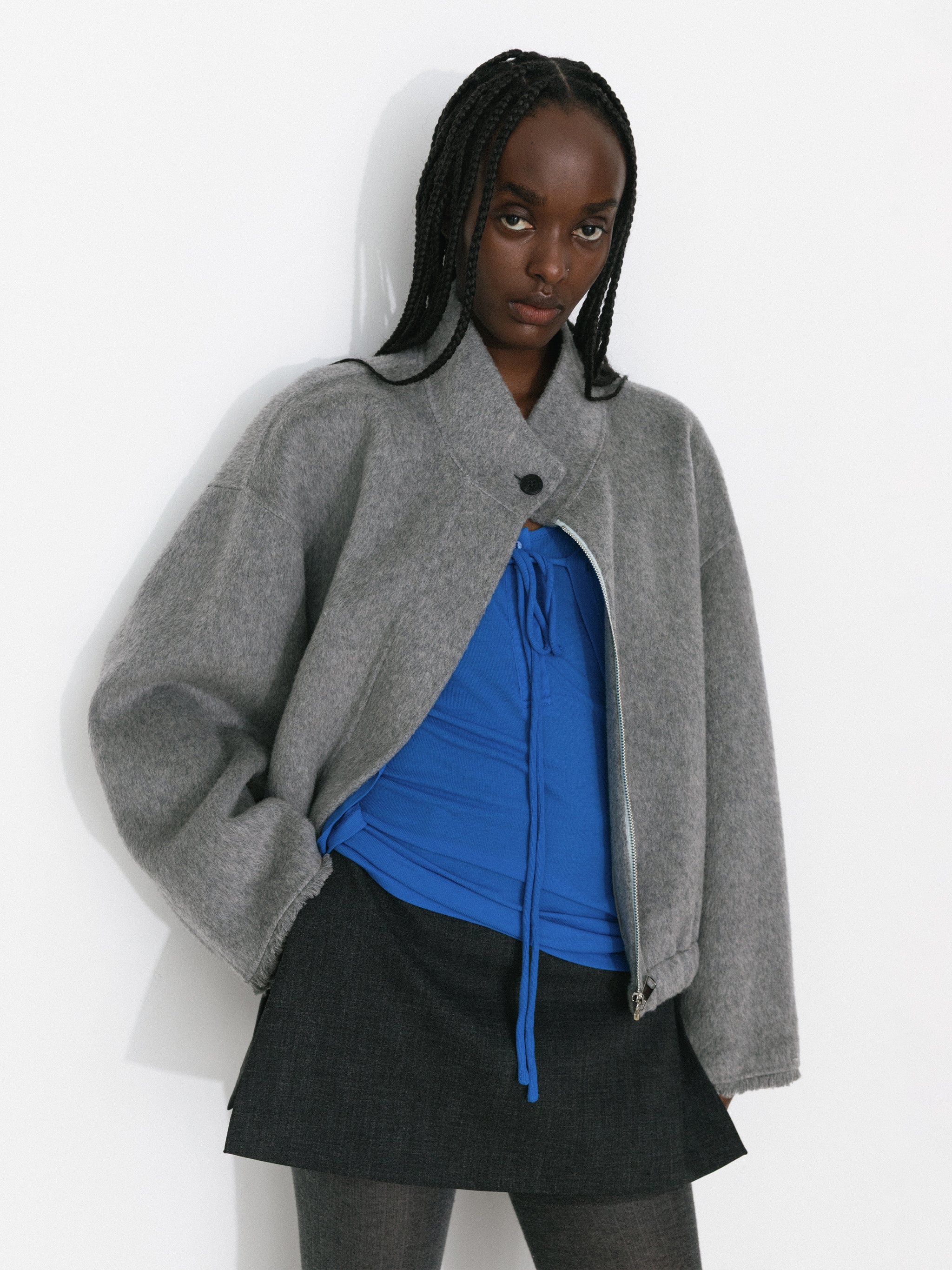 Cocoon Zip-Up Jacket with Raw Edge Cuffs-2