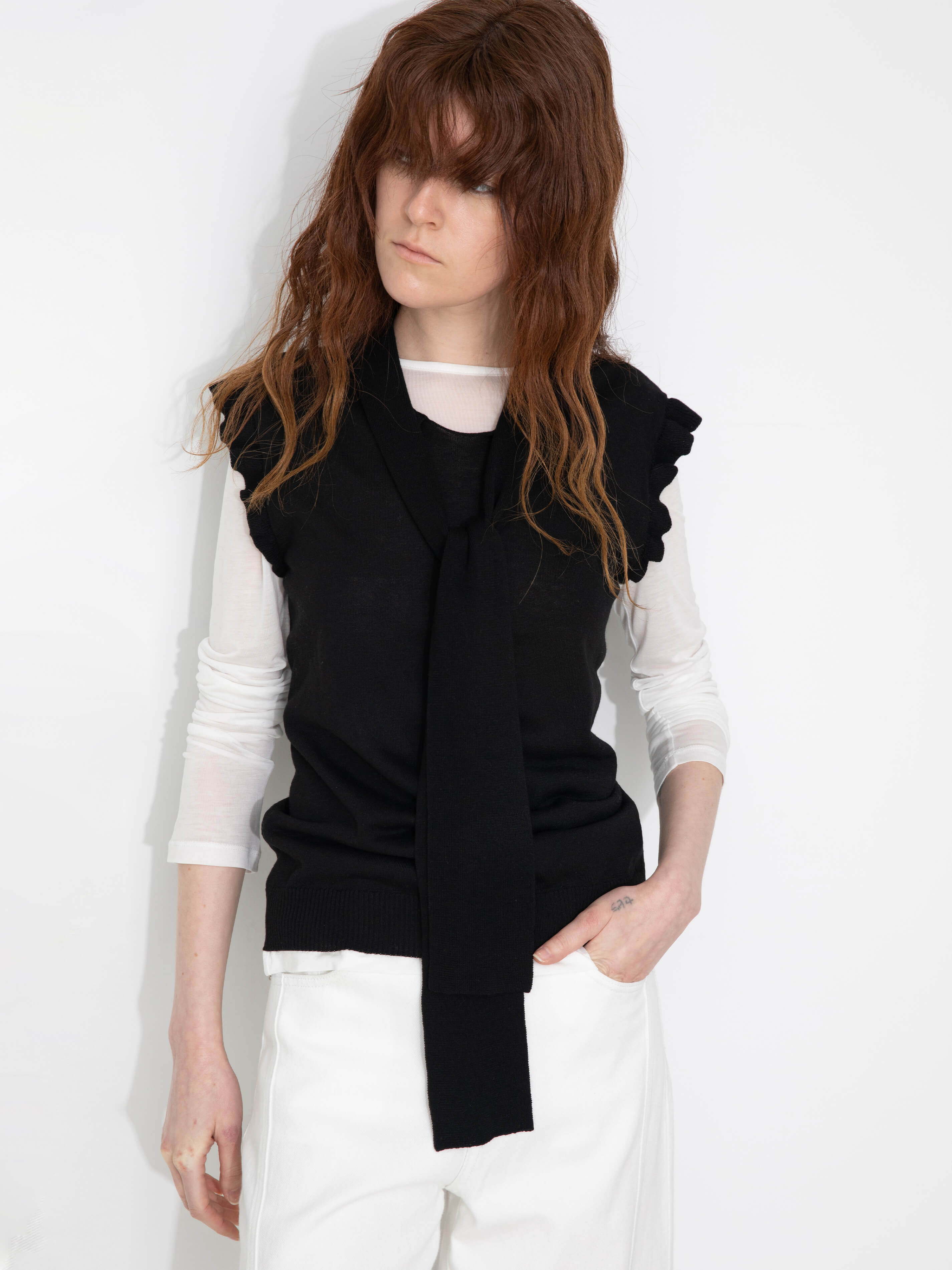 Ruffled Sleeve Sleeveless Knit Top with Attached Scarf-2