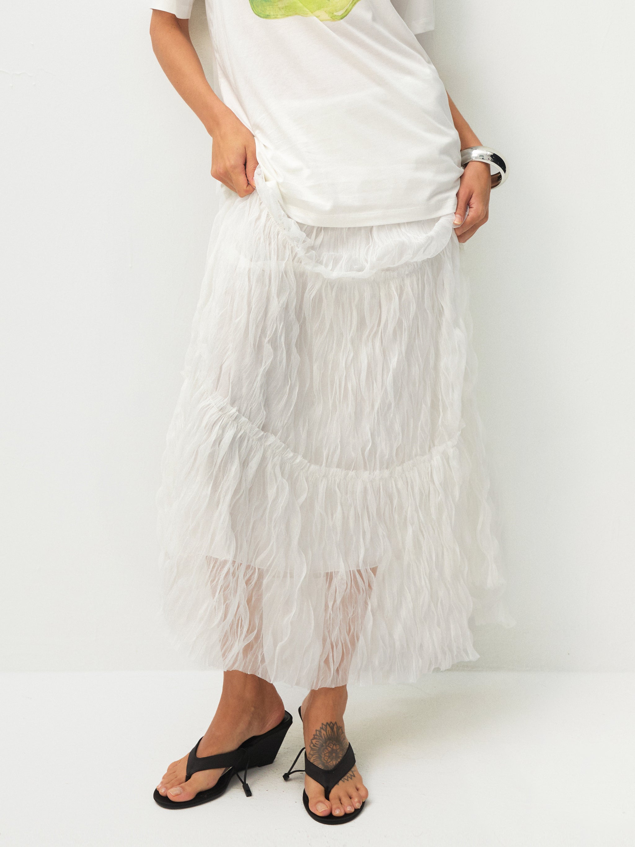 White Wavy Draped Midi Skirt-2