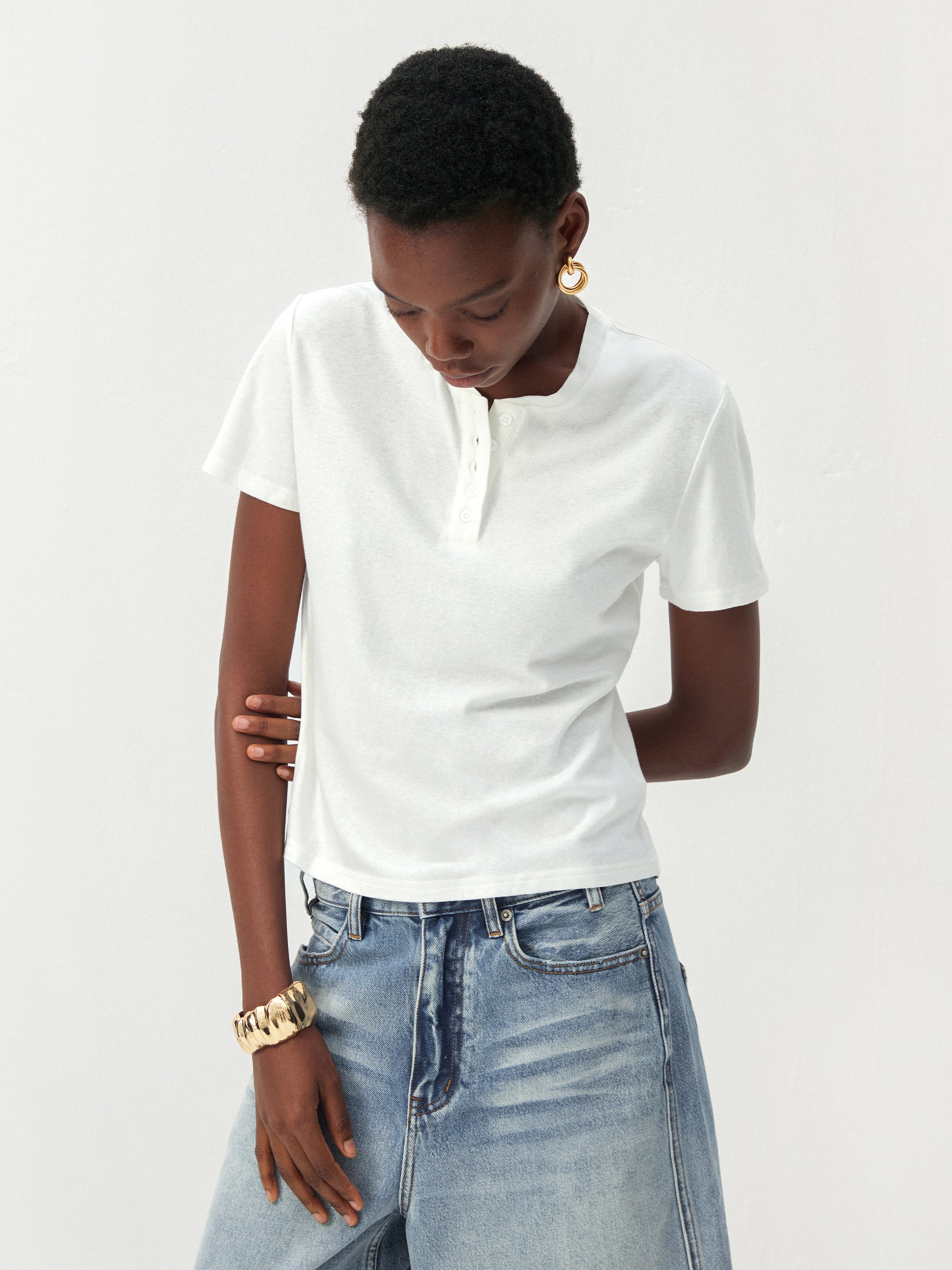 CUBIC Lyocell-Linen Blend Henley Neck Top-2