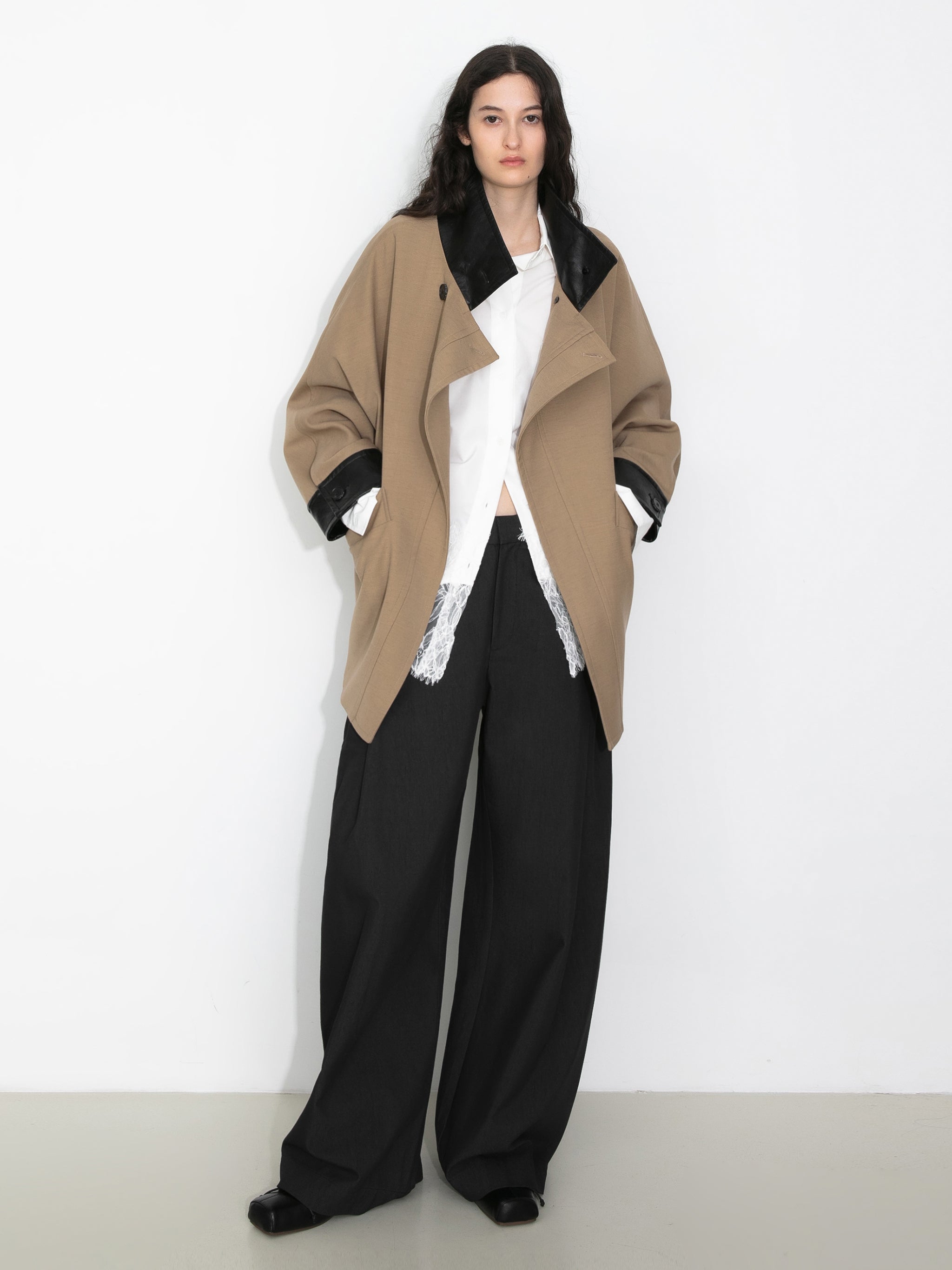 Cropped Contrast-Trim Oversized Trench Jacket-2
