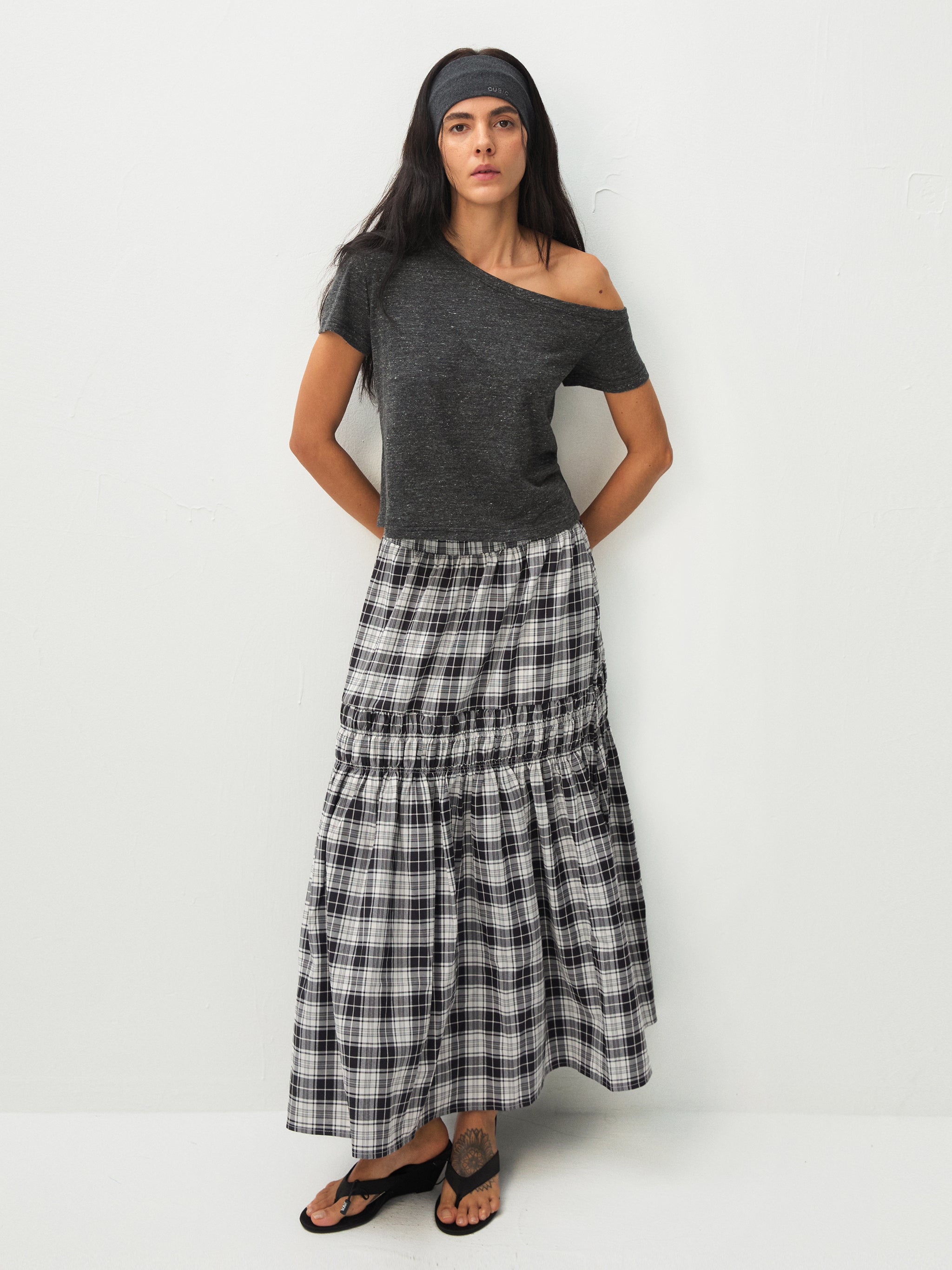 Elastic Drawstring High Waist Checked Skirt