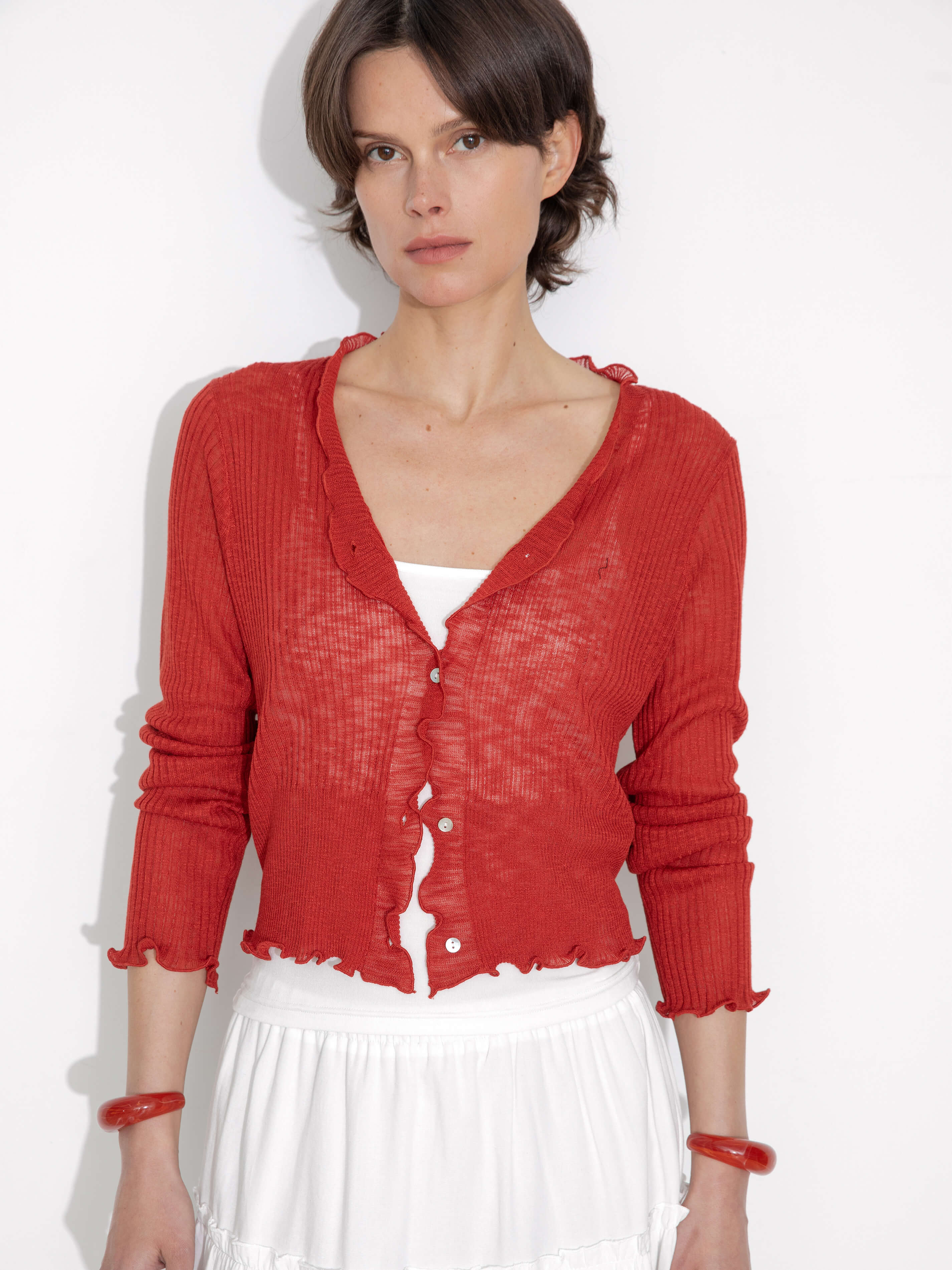V-Neck Knit Cardigan with Ruffled Long Sleeves-4