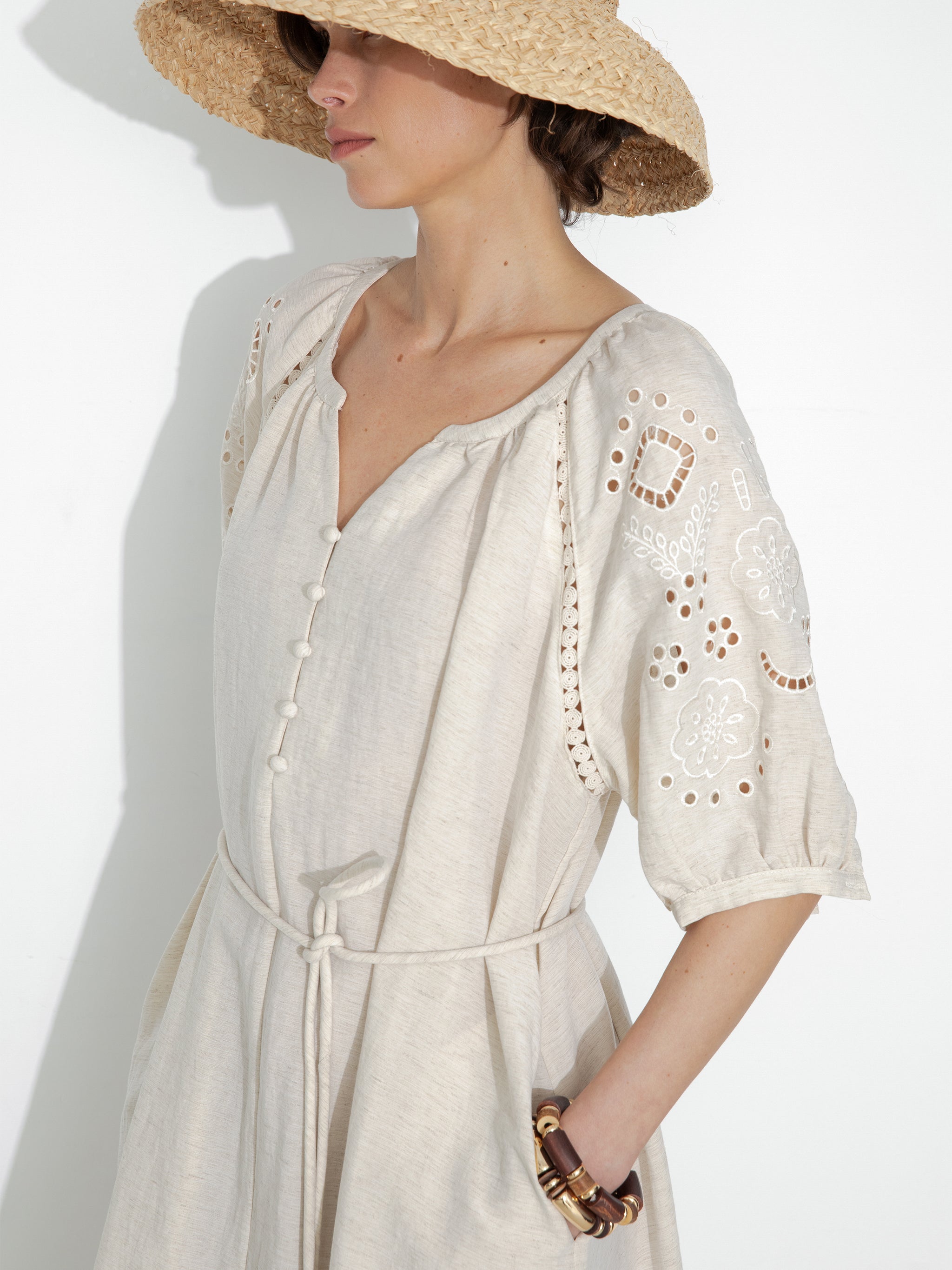 Loose-Fit Eyelet Embroidered Short-Sleeve Dress-2